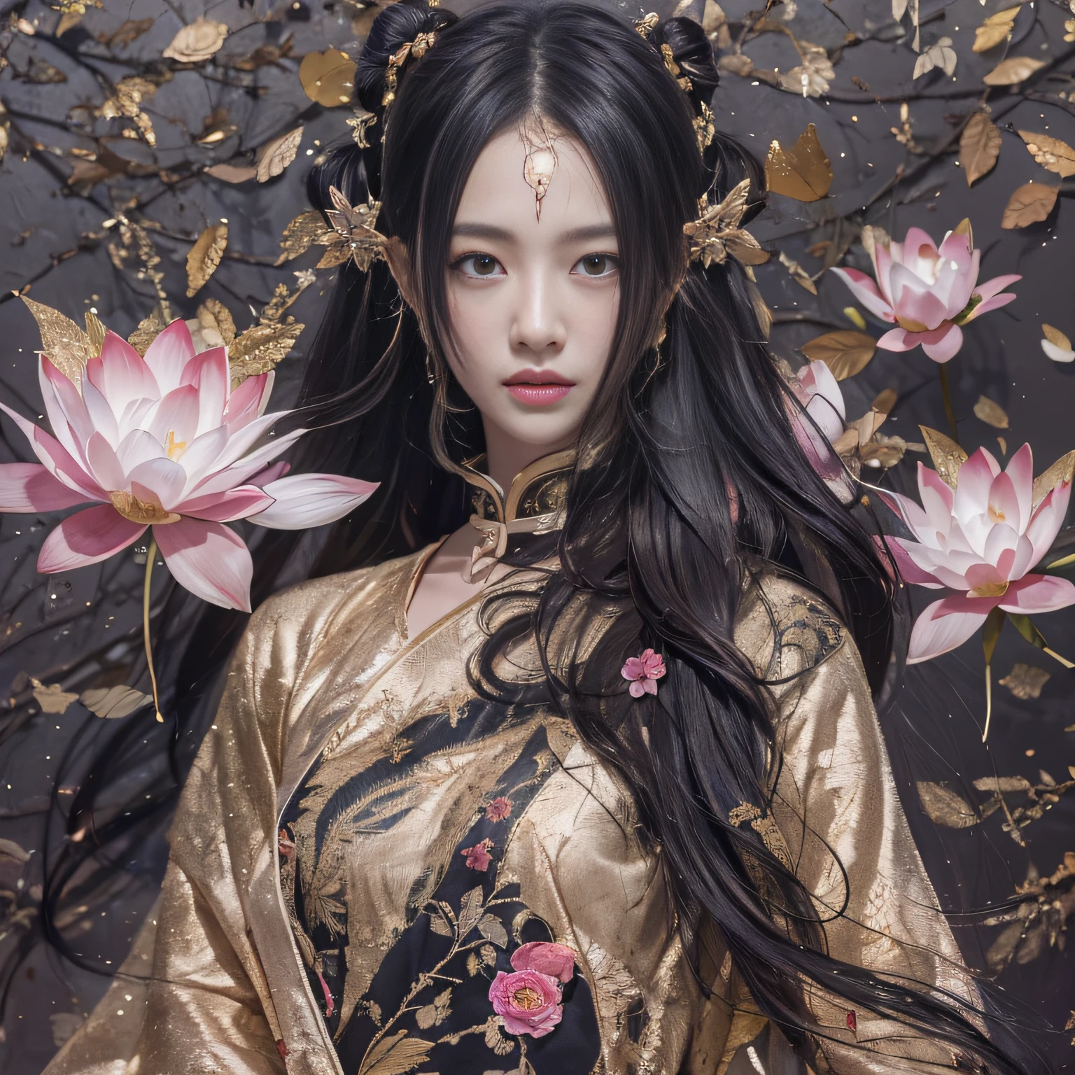 32K(tmasterpiece,k hd,hyper HD,32K)Long flowing black hair,ponds,zydink, a color, Asian people (Silly girl), (Silk scarf), Combat posture, looking at the ground, long whitr hair, Floating hair, Carp pattern headdress, Chinese long-sleeved clothing, (abstract ink splash:1.2), Pink petal background,Pink and white lotus flowers fly(realisticlying:1.4),Black color hair,Fallen leaves flutter,The background is pure, A high resolution, the detail, RAW photogr, Sharp Re, Nikon D850 Film Stock Photo by Jefferies Lee 4 Kodak Portra 400 Camera F1.6 shots, Rich colors, ultra-realistic vivid textures, Dramatic lighting, Unreal Engine Art Station Trend, cinestir 800,Long flowing black hair