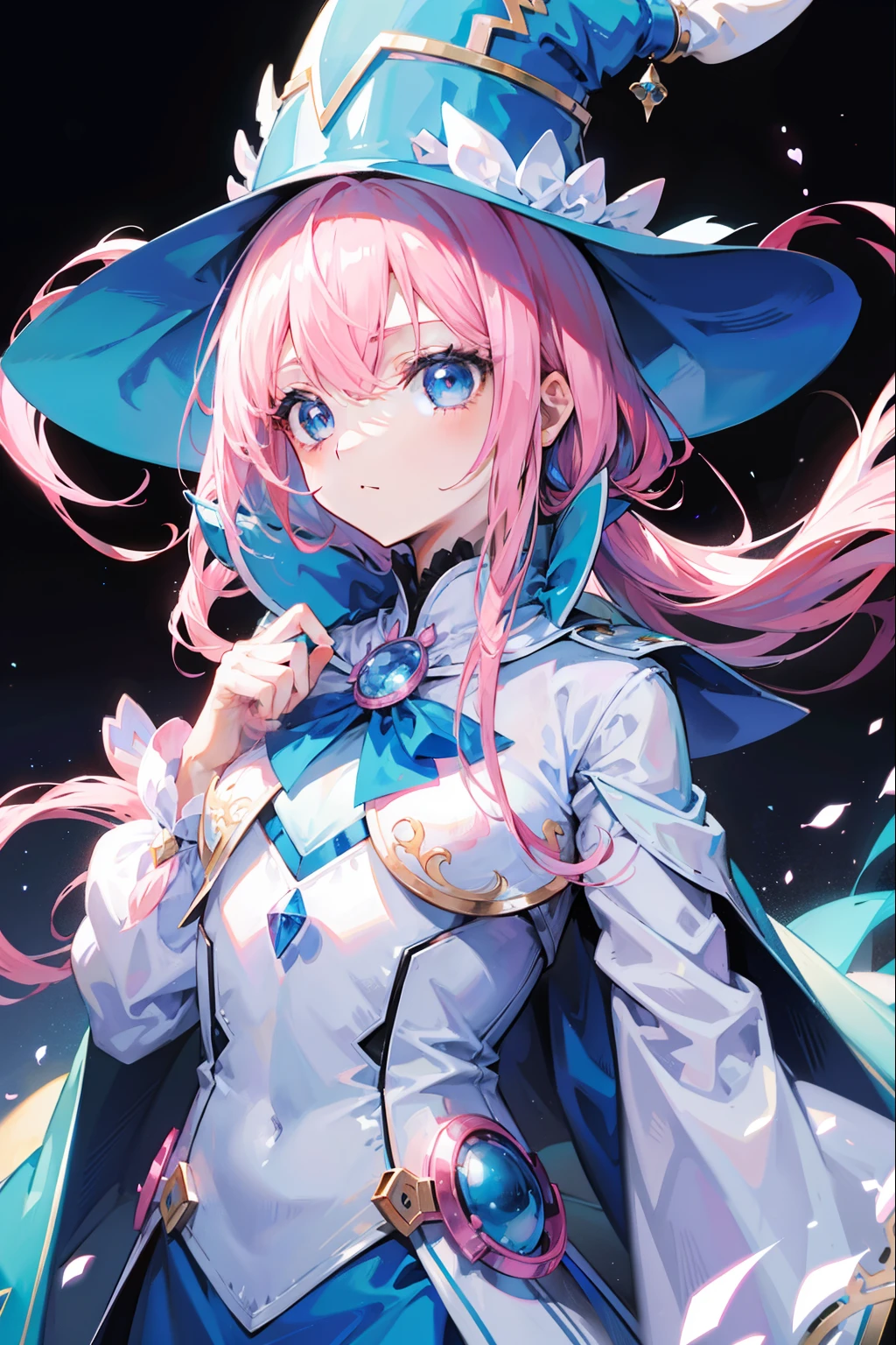 pink hair with long strands,Light sky blue magician hat,Light sky blue and light pink、Magician suit matched in white,It's a sweet girl with fierce milk,super adorable