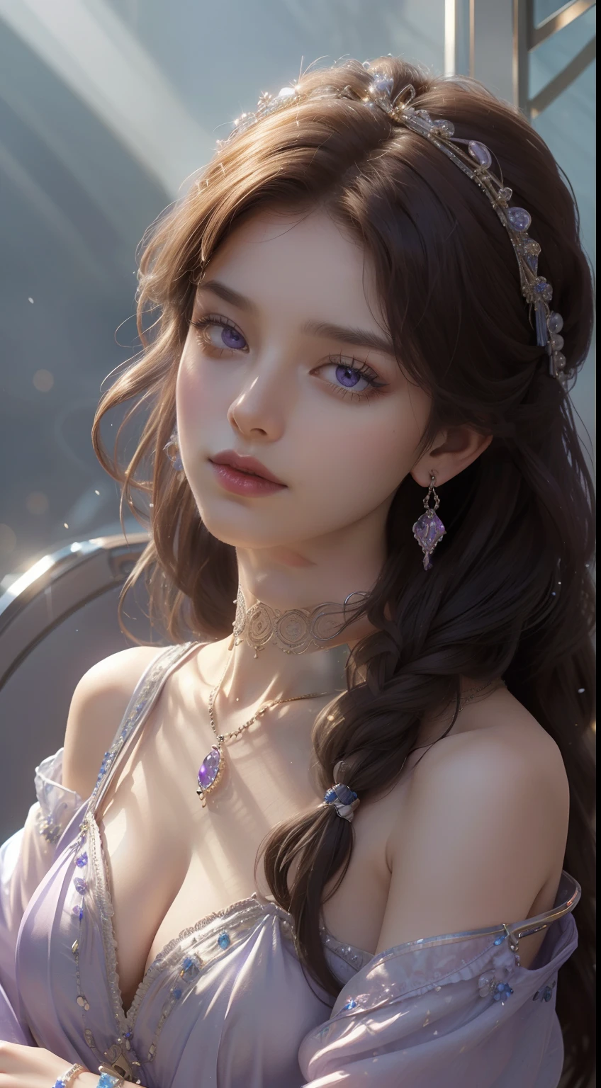 tmasterpiece,Highest image quality,A beautiful bust of a noble maiden,Delicate brown braided hair,Violet eyes are clear,Embellished with a dazzling array of exquisite jewelry(head gear,choker necklace,耳Nipple Ring,Bracelet or bracelet),Soft light,super detailing,upscaled。
