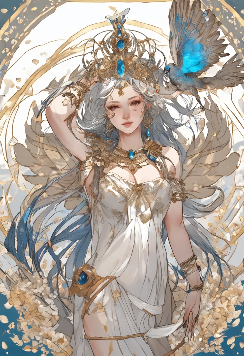Indian goddess of lust having a bow in hand, drawing arrows of flowers, feathers in end of arrows, white and blue light/halo in a spiral form around arrows, deep cleavge visible, wearing white aprons only on sides of body so that they can hide nipples, and a wide cloth hanging below navel on a golden belt, slim body, slender thighs, divinely glowing skin, a small greek crown of peacock feathers on her head, black long hairs flowing, choker platinum silver thin necklace studded with little diamonds and a big ruby, golden armlets in arms, kinky golden cuffs in wrists, big cute eyes, fair skin, divine glow face, divine aura, an enchanted forest background, leafs flying in autumn wind, colourful flames on tip of arrow, bow of water, gold rings in fingers, mild sunlight on hairs, hairs falling till knees, beautiful face, beautiful well shaped limbs and fingers