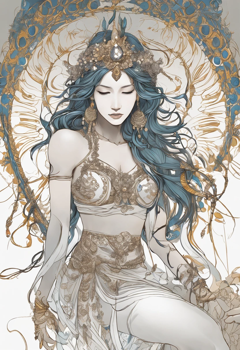 Indian goddess of lust having a bow in hand, drawing arrows of flowers, feathers in end of arrows, white and blue light/halo in a spiral form around arrows, deep cleavge visible, wearing white aprons only on sides of body so that they can hide nipples, and a wide cloth hanging below navel on a golden belt, slim body, slender thighs, divinely glowing skin, a small greek crown of peacock feathers on her head, black long hairs flowing, choker platinum silver thin necklace studded with little diamonds and a big ruby, golden armlets in arms, kinky golden cuffs in wrists, big cute eyes, fair skin, divine glow face, divine aura, an enchanted forest background, leafs flying in autumn wind, colourful flames on tip of arrow, bow of water, gold rings in fingers, mild sunlight on hairs, hairs falling till knees, beautiful face, beautiful well shaped limbs and fingers