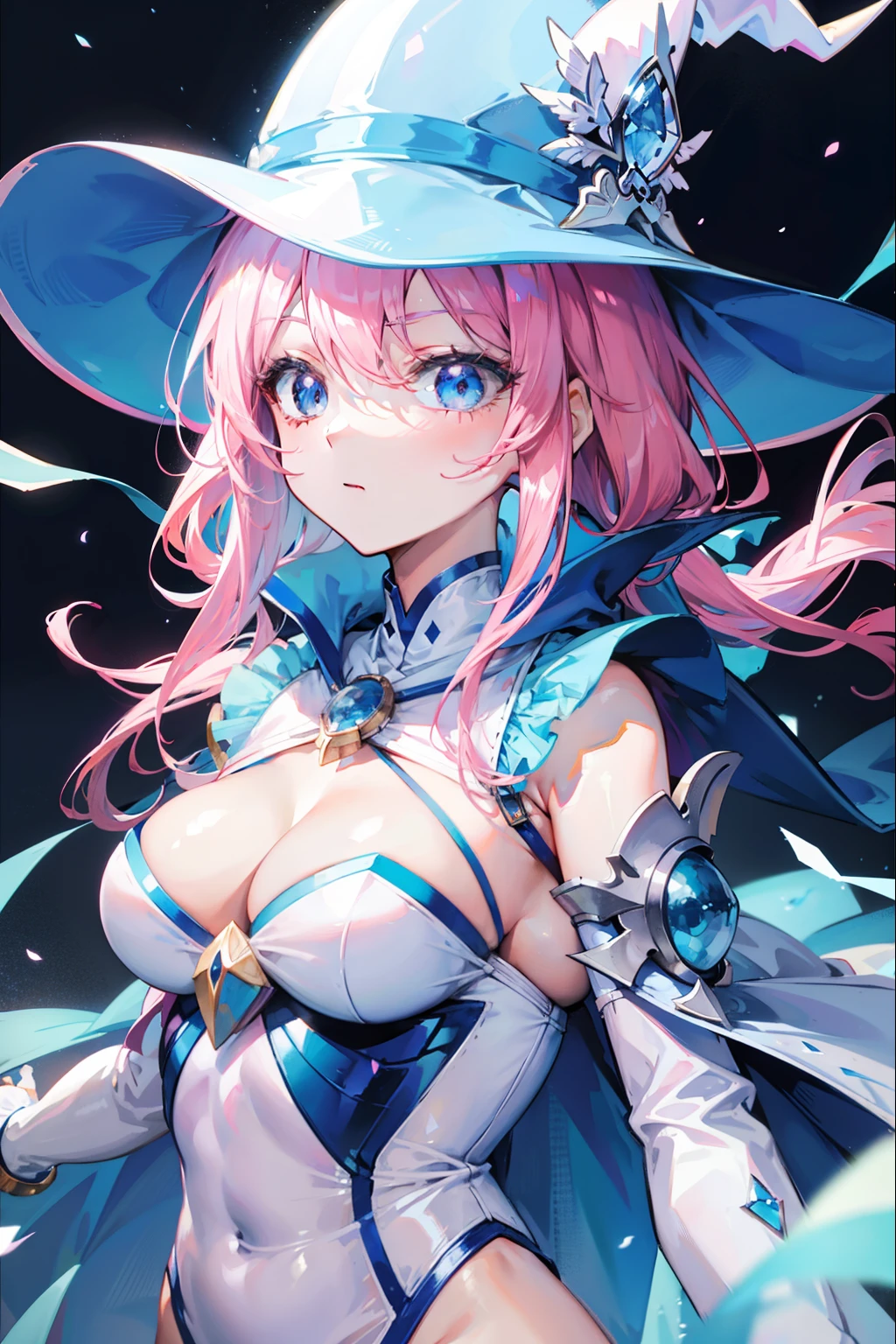 pink hair with long strands,Light sky blue magician hat,Light sky blue and light pink、Magician suit matched in white,It's a sweet girl with fierce milk,super adorable