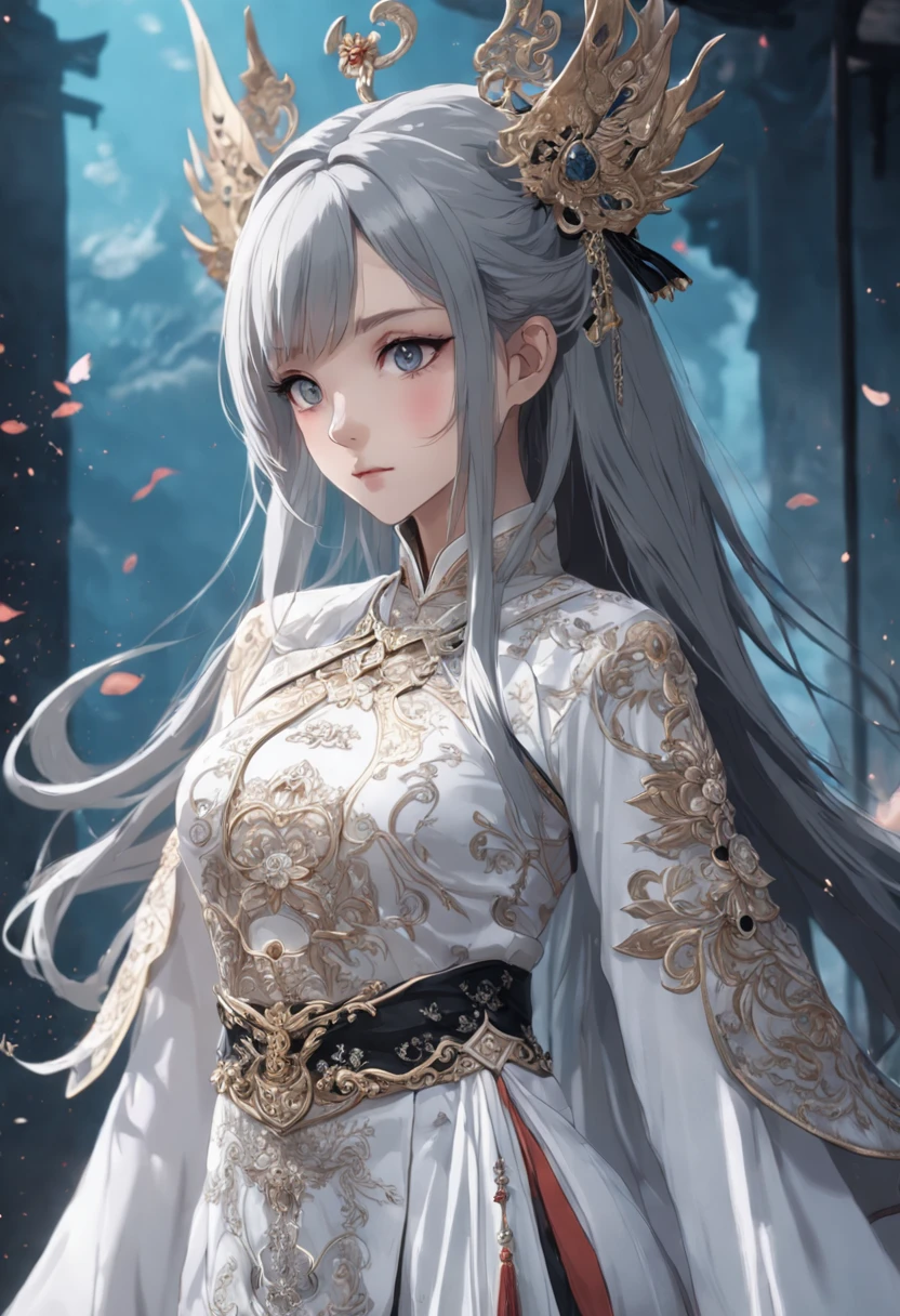 Close-up of dress on mannequin in black and white dress, fantasyoutfit, fantasy style clothing, intricate outfits, adorned in majestic attire, lunar themed attire, Wearing Gorgeous Costume, adorned in majestic attire, very detailed and rich clothing, fantasy clothing, White Hanfu, Chinese costume, wearing fantasy formal clothing, intriguing outfit, astral witch clothes, beautiful costume, Gorgeous Role Play