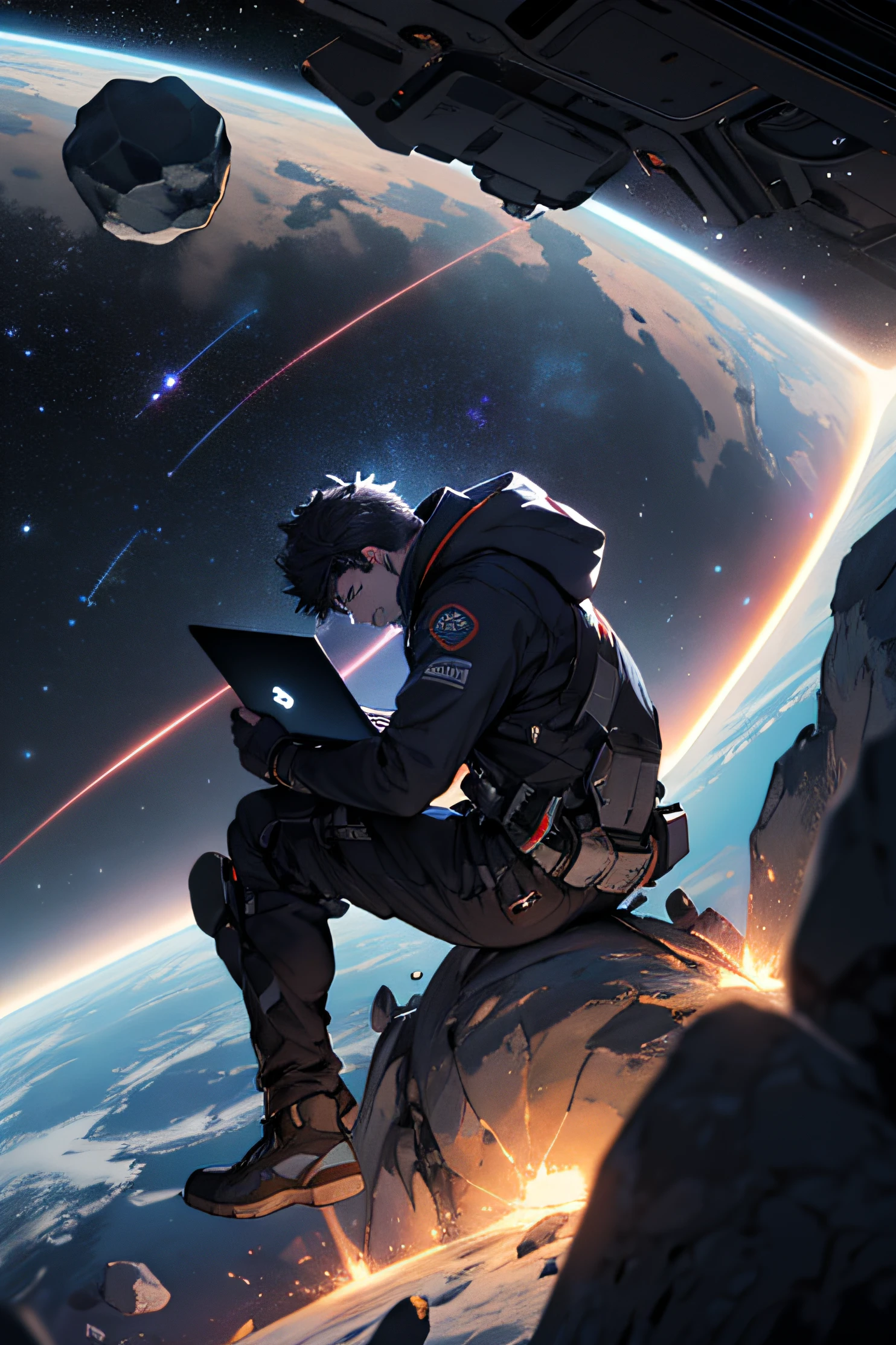 Draw a young programmer sitting on a research platform floating in the middle of an asteroid belt. He's studying with a laptop, surrounded by several asteroids. The dramatic illumination of distant stars and planets illuminates the scene, casting deep shadows on the costume. O jovem parece confiante e determinado, looking at the vast and mysterious universe with wonder and respect, planeta terra ao fundo.