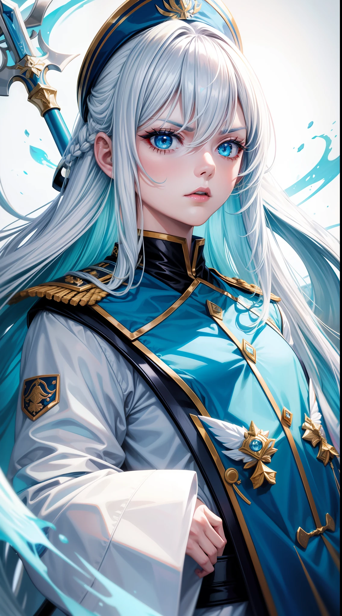 Adult woman, Long white hair, Cyan eyes, White general's uniform, spear, blue lipstick, anger, Masterpiece, hiquality