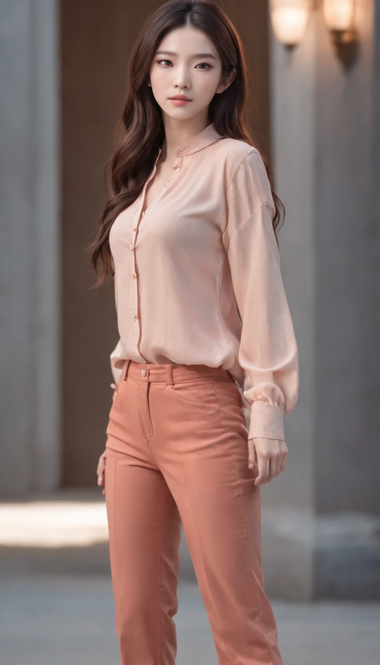 Young Liu Yifei ((Full body shooting from head to toe)), Solo, ((Light orange skinny shirt)), ((red-skinny pants)), ((Perfect hands, Perfect feet, little ass, Small breasts, Small head)), Disco party background, Long hair, view the viewer, Blue eyes, ((Masterpiece)), standing, Blush, Sexy pose, Large wide chin, Small heads, Natural skin, Dramatic lightning, Intricate details, A high resolution, Unity 8k wallpaper, Ultra detailed, Aesthetic, Masterpiece, Best quality, Photorealistic, 85mm, F1.8, Portrait, Hyperrealistic, Super detailed, Sunset lighting, HighDynamicRange, Detailed background, Complex and detailed face, Long eyelashes, Detailed eyes, Black eyeliner, (Solo: 1.3)