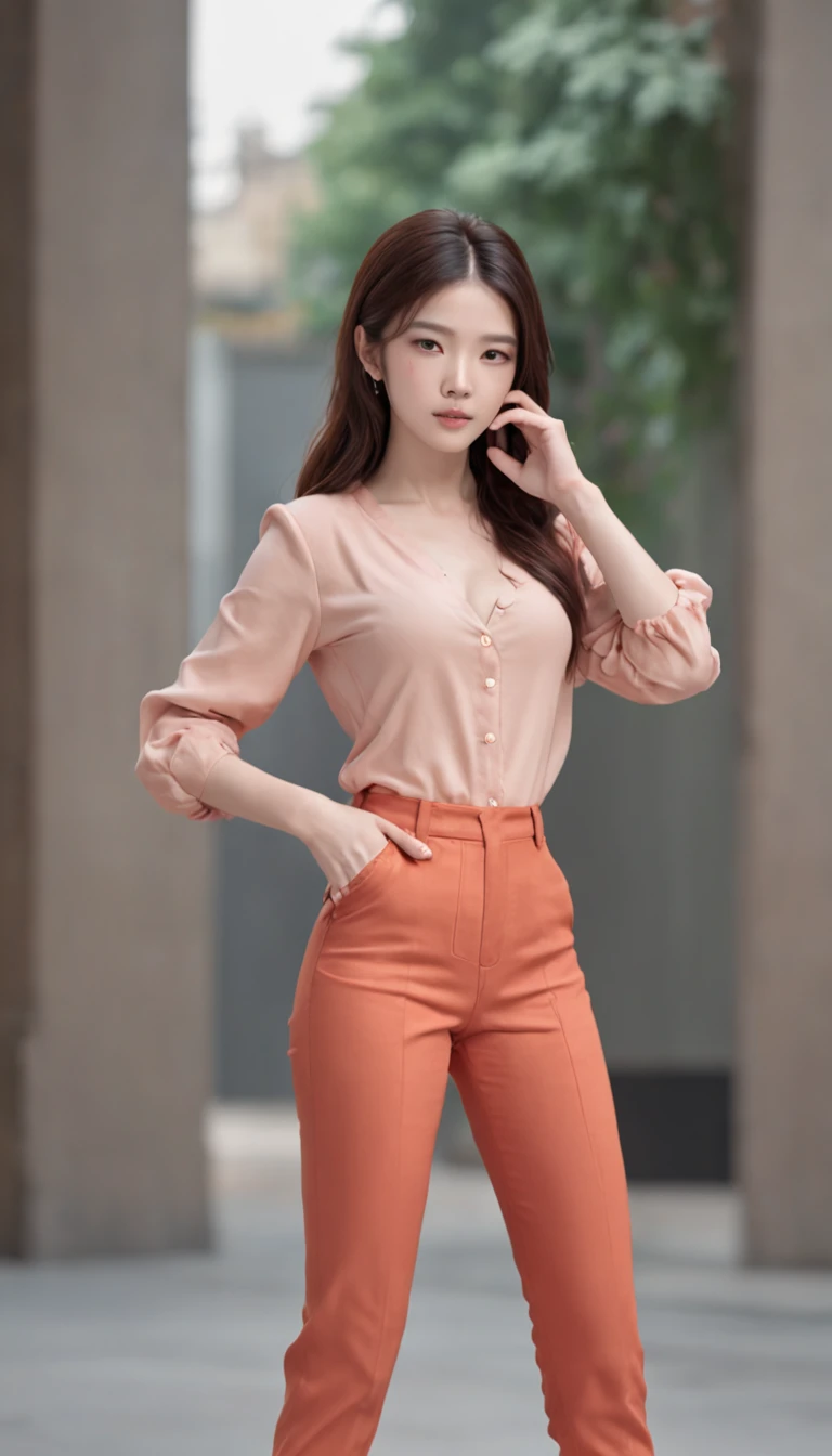 Young Liu Yifei ((Full body shooting from head to toe)), Solo, ((Light orange skinny shirt)), ((red-skinny pants)), ((Perfect hands, Perfect feet, little ass, Small breasts, Small head)), Disco party background, Long hair, view the viewer, Blue eyes, ((Masterpiece)), standing, Blush, Sexy pose, Large wide chin, Small heads, Natural skin, Dramatic lightning, Intricate details, A high resolution, Unity 8k wallpaper, Ultra detailed, Aesthetic, Masterpiece, Best quality, Photorealistic, 85mm, F1.8, Portrait, Hyperrealistic, Super detailed, Sunset lighting, HighDynamicRange, Detailed background, Complex and detailed face, Long eyelashes, Detailed eyes, Black eyeliner, (Solo: 1.3)