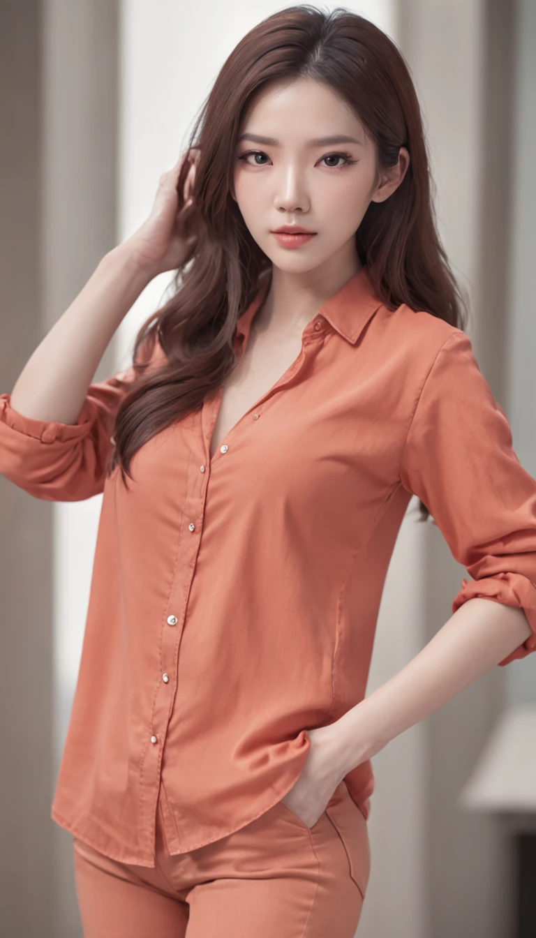Young Liu Yifei ((Full body shooting from head to toe)), Solo, ((Light orange skinny shirt)), ((red-skinny pants)), ((Perfect hands, Perfect feet, little ass, Small breasts, Small head)), Disco party background, Long hair, view the viewer, Blue eyes, ((Masterpiece)), standing, Blush, Sexy pose, Large wide chin, Small heads, Natural skin, Dramatic lightning, Intricate details, A high resolution, Unity 8k wallpaper, Ultra detailed, Aesthetic, Masterpiece, Best quality, Photorealistic, 85mm, F1.8, Portrait, Hyperrealistic, Super detailed, Sunset lighting, HighDynamicRange, Detailed background, Complex and detailed face, Long eyelashes, Detailed eyes, Black eyeliner, (Solo: 1.3)