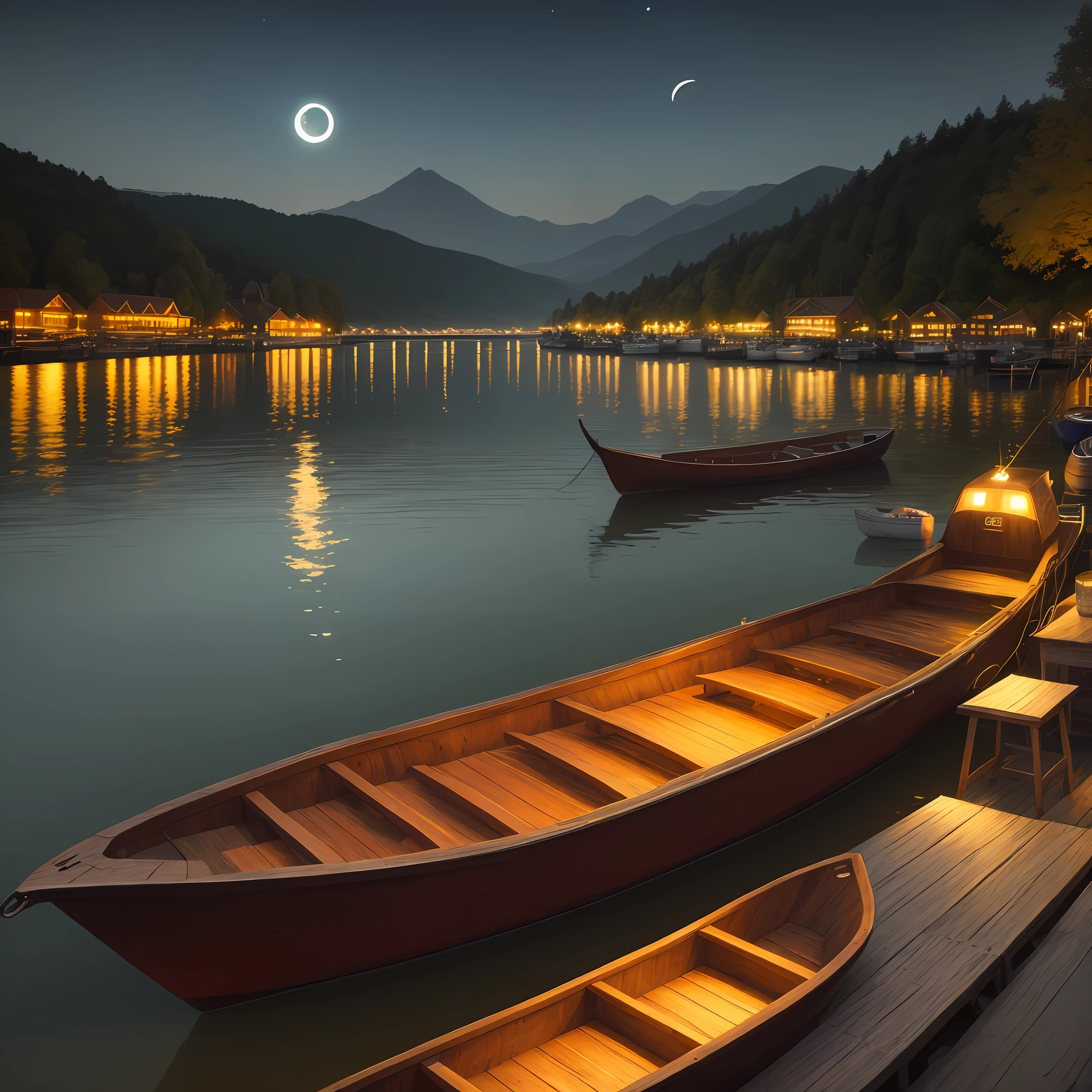 the night，moon full，The city is brightly lit，lake water，Wooden boats