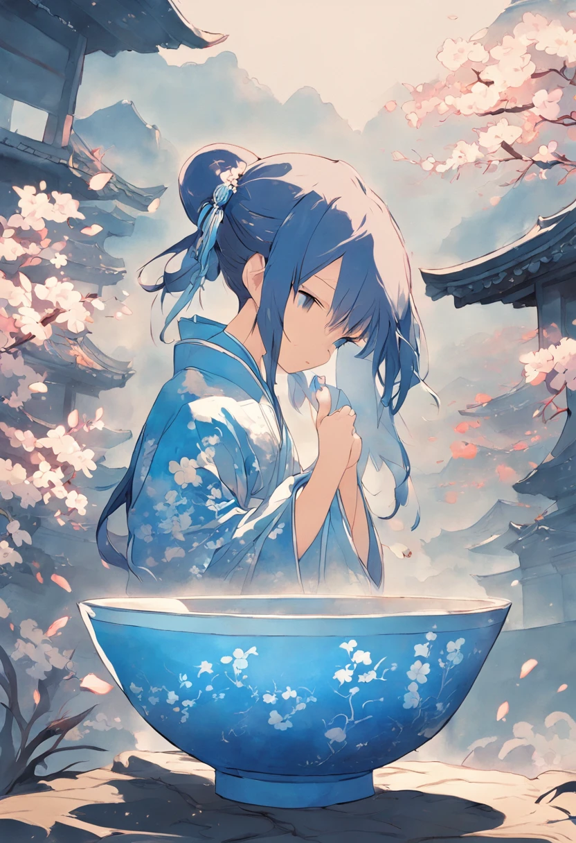 There is a blue bowl，It has white flowers on it,Blue-white gradient background， Japan pottery, Chinese traditional landscape painting，Paper creation