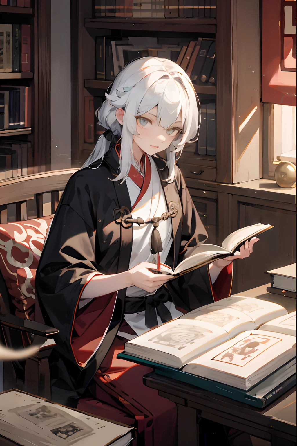 quill，Taoist robes，cultivating immortals，ink，Books，8K high-definition，Bright eyes，Read this book carefully，high and cold，Fingers are clear