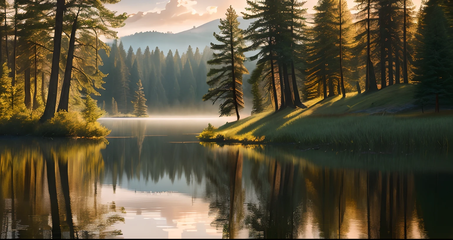 wallpaper, summer, lake, deers, dawn, forest, detailed forest, clouds, masterpiece, cinematic, soft light, depth of field, ray tracing, reflection in water, realism, ulra detailed,