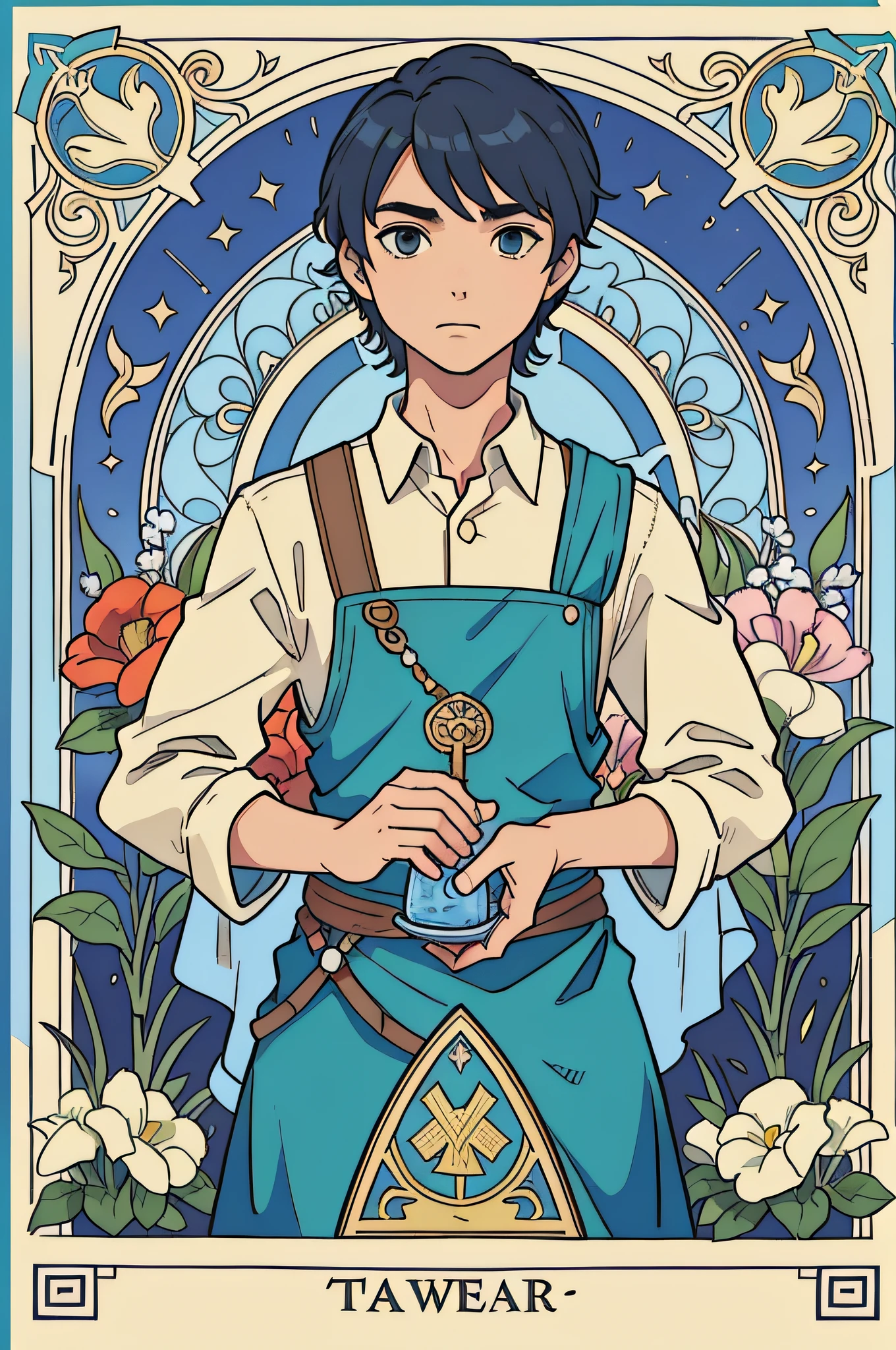 tarot cards,Full tarot border,(best images quality),(The image is surrounded by a tarot card-style border:1.5),(8k wallpaper),(best images quality),(Extremely detailed description),tarot card art,tarot card art, tarot design,,gardener,,blue-sky,Bokeh background,gardening(Hold a sprinkler jug;2),quadratic element,(hoang lap,A high resolution,hyper-detailing),Visual storytelling,capturing moments,historical records,social commentary,Powerful images,mosaic art,Small,Colorful inlays,Intricate patterns,Tile design,Durable surface,Time-honored technology,Flat coating,a warm color palette,male people,Handsome boy idyllic,Adults,(male people;2),(Handsome male;2)