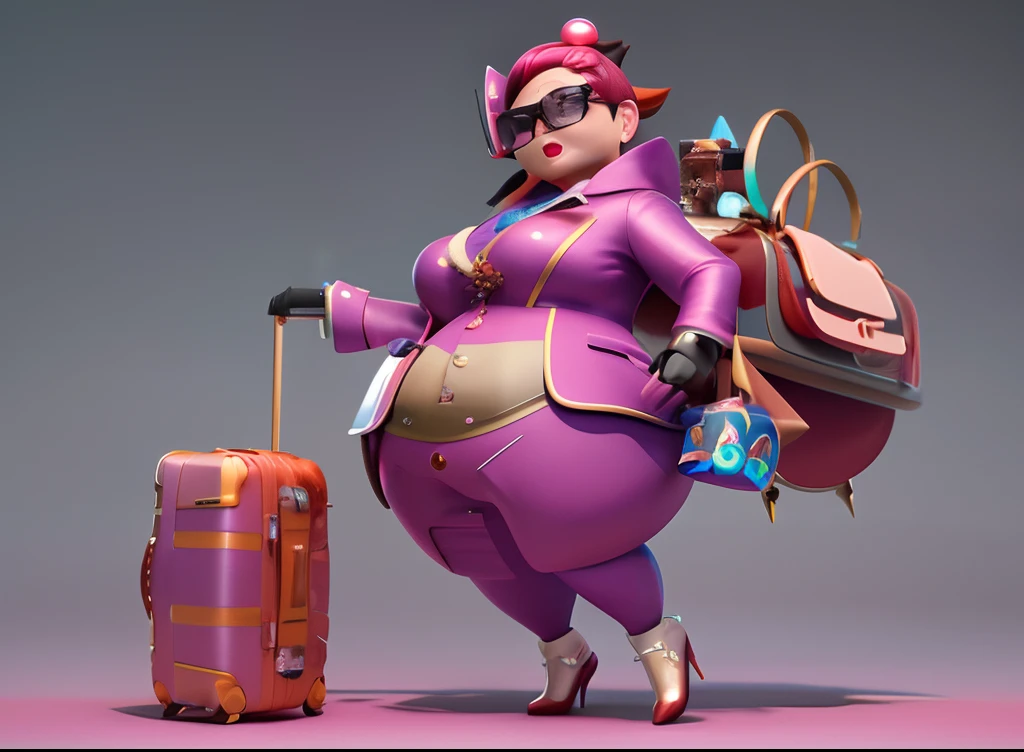Whole body. dynamic pose. ToonYou, 2D game character, with a spiky bag, fat madam in a fancy suit, wearing a lot of jewels, pink glasses, fighting, high resolution, spending time, brown hair, very beautiful madam, asymmetrical, organic painting , matte paint, full body shot game anime character, futuristic bag, Forconite, fashionable, high definition, 8K,