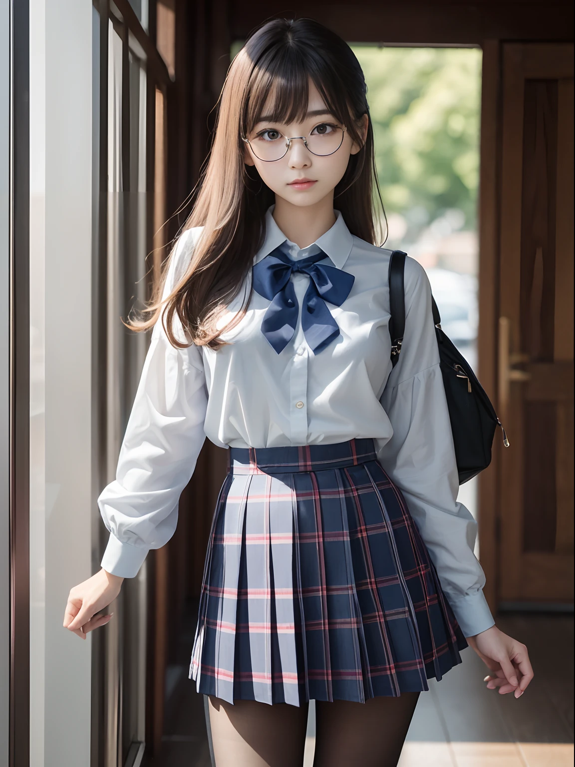 （8K、Raw photography、top-quality、​masterpiece：1.2),watching at viewers,Looking at the front,side poneyTail,Bullish,Muchimuchi,??????,Pupils,Light Blue Bra,de pele branca,kne,(Black pantyhose),absurderes,a small face,small tits,flat breast,Parting the bangs from the middle、Forehead visible,(a cold expression,Tight eyes,glares,Bullish,skinny,Rasping,irate)、​masterpiece,top-quality、超A high resolution,Raw photo,ren,Beautiful fece,One Person, 独奏,eye glass,,Dark look,Small breasts,fullllbody,Round glasses、cute little、Back to Student,JK school uniform,hi-school girl,A Japanese Lady,is standing,（Photorealsitic：1.37）、Photon mapping,Realistic、Cute little face,Brown-eyed、Black socks、(Red bow tie)、Radio City、Physically Based Rendering、Foreground、depth of fields、Blurry background、a picture,The girls、Body,beauty legs, Long legs, Thin leg,Tie your hair into one strand on your chest,(Bangs are visible), hair, s lips, Blue_The eye, nosesoft,(Light blue shirt), (Navy and blue and white plaid pleated skirt), Knees are visible,Sheer clothing,, Thigh, Black cotton socks,Nogizaka Idol, 女優, Japanese ido