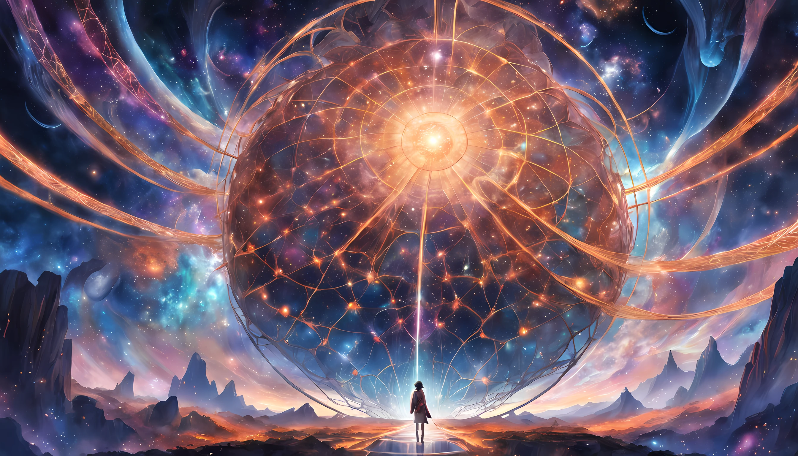 In a distant corner of the intergalactic universe, a colossal, ancient structure known as the 'Cosmic Nexus' looms. It's an intricate web of celestial pathways connecting various realms and dimensions. Depict a traveler navigating this complex network, encountering exotic worlds and beings along the way. Emphasize the fusion of technology and mysticism in this wondrous universe