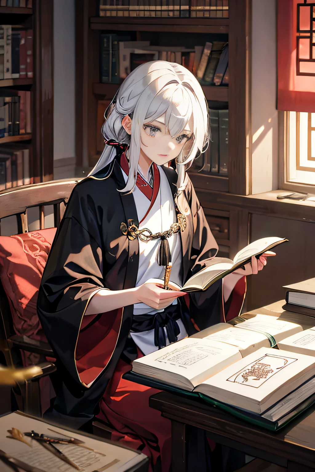 quill,Taoist robes,cultivating immortals,ink,Books,8K high-definition,Read the book carefully,high and cold