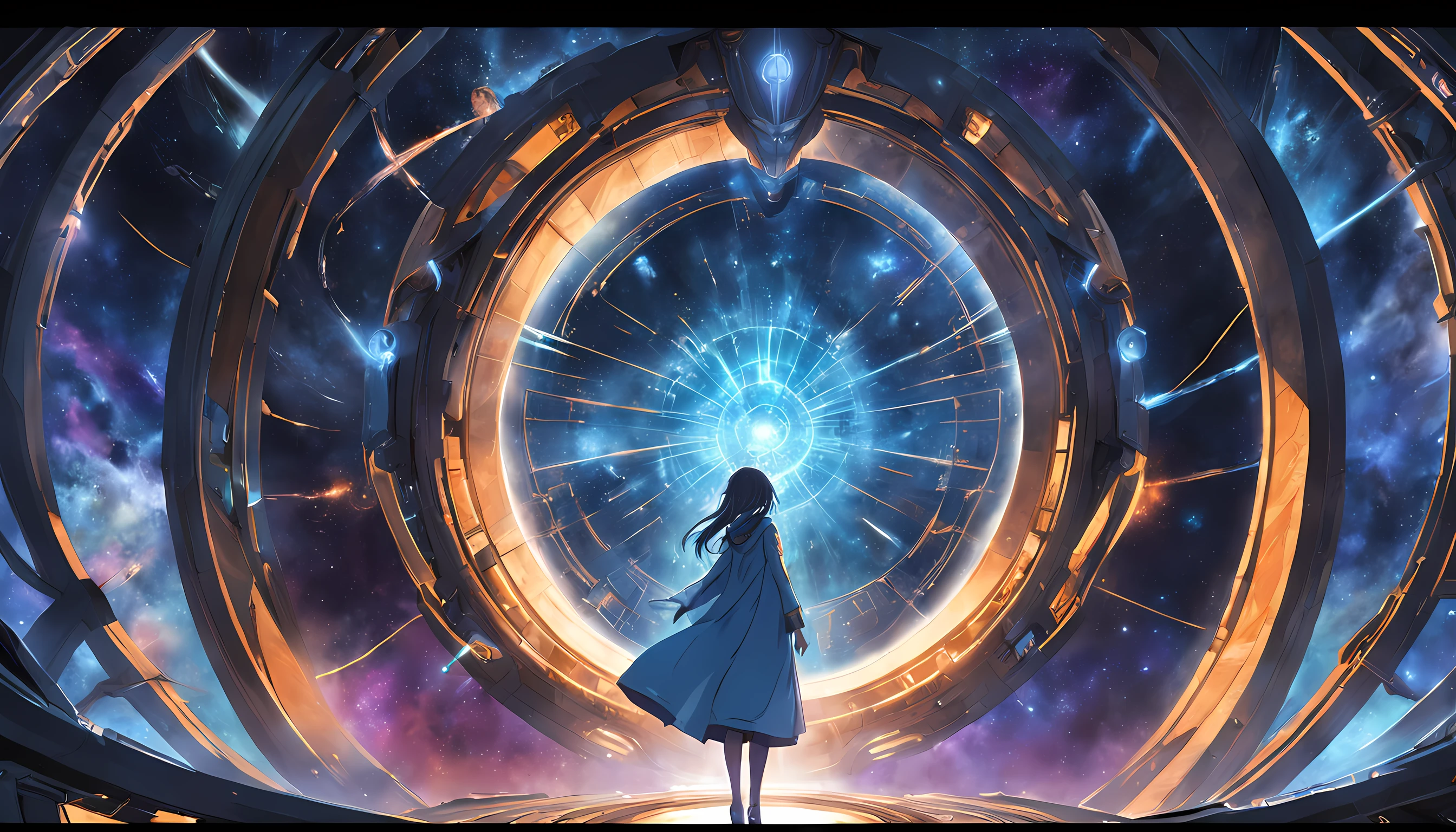 In a universe interconnected by intricate wormhole networks, visualize the enigmatic Guardians who protect these passageways. These ethereal beings are made of pure energy and are the gatekeepers of intergalactic travel. Create a scene where a spaceship crew seeks permission to traverse a cosmic wormhole, with the Guardians casting their judgment