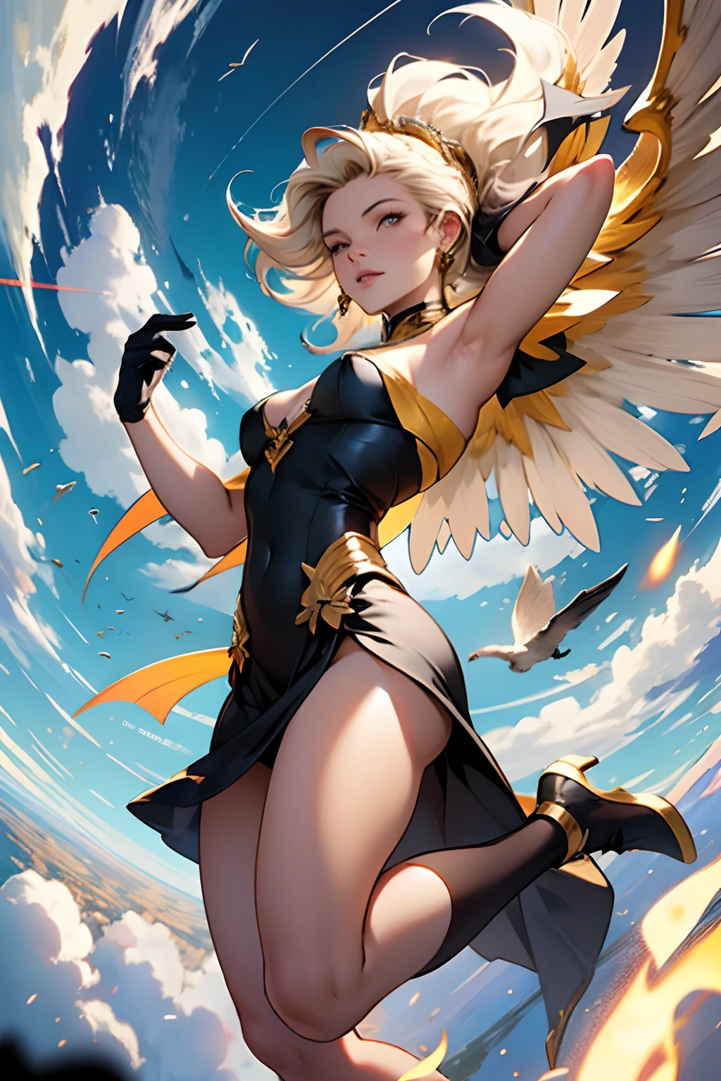 The icarus girl from Mercury, Sun in the background, girl with wings on feet, clad, nothing on, the wind of white whisps covering the private parts, short blond hair, witty and quick, thin frame, elelgant, regal, Mercury in the back drop. yellow skin. No care in the world, jumping to the tallest heights, unstoppable expanse in the backdrop