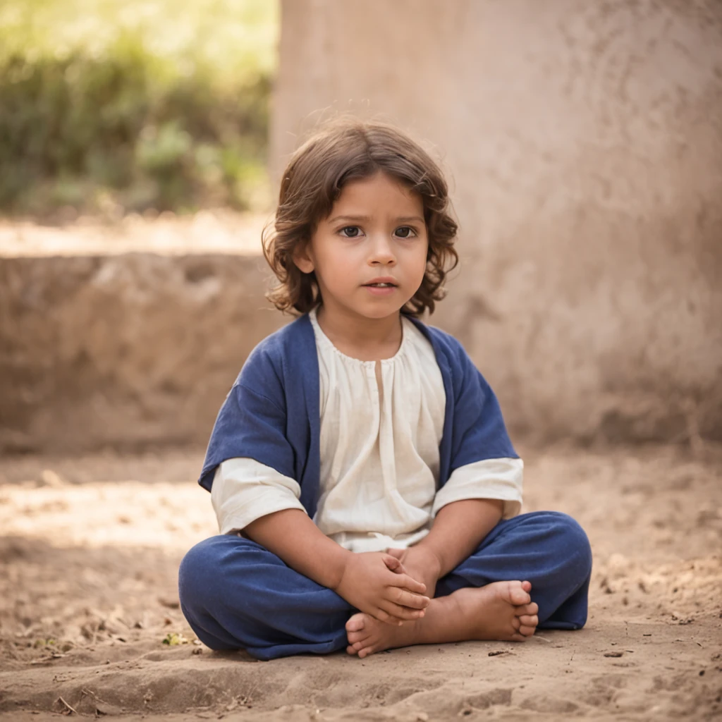 Por favor, Create an image of several children sitting on the floor, listening intently as Jesus tells them Bible stories. Children should be delighted and involved, looking at Jesus in awe as he shares the stories. Jesus can be seated or standing, wearing clothes from biblical times, with a gentle and engaging expression. A cena deve transmitir a atmosfera de calma e aprendizado, with details that refer to the historical environment. Children's expressions should reflect joy and genuine interest in Jesus' words. Por favor, create this image to capture the timeless moment of teaching and connection between Jesus and the children through the biblical stories."