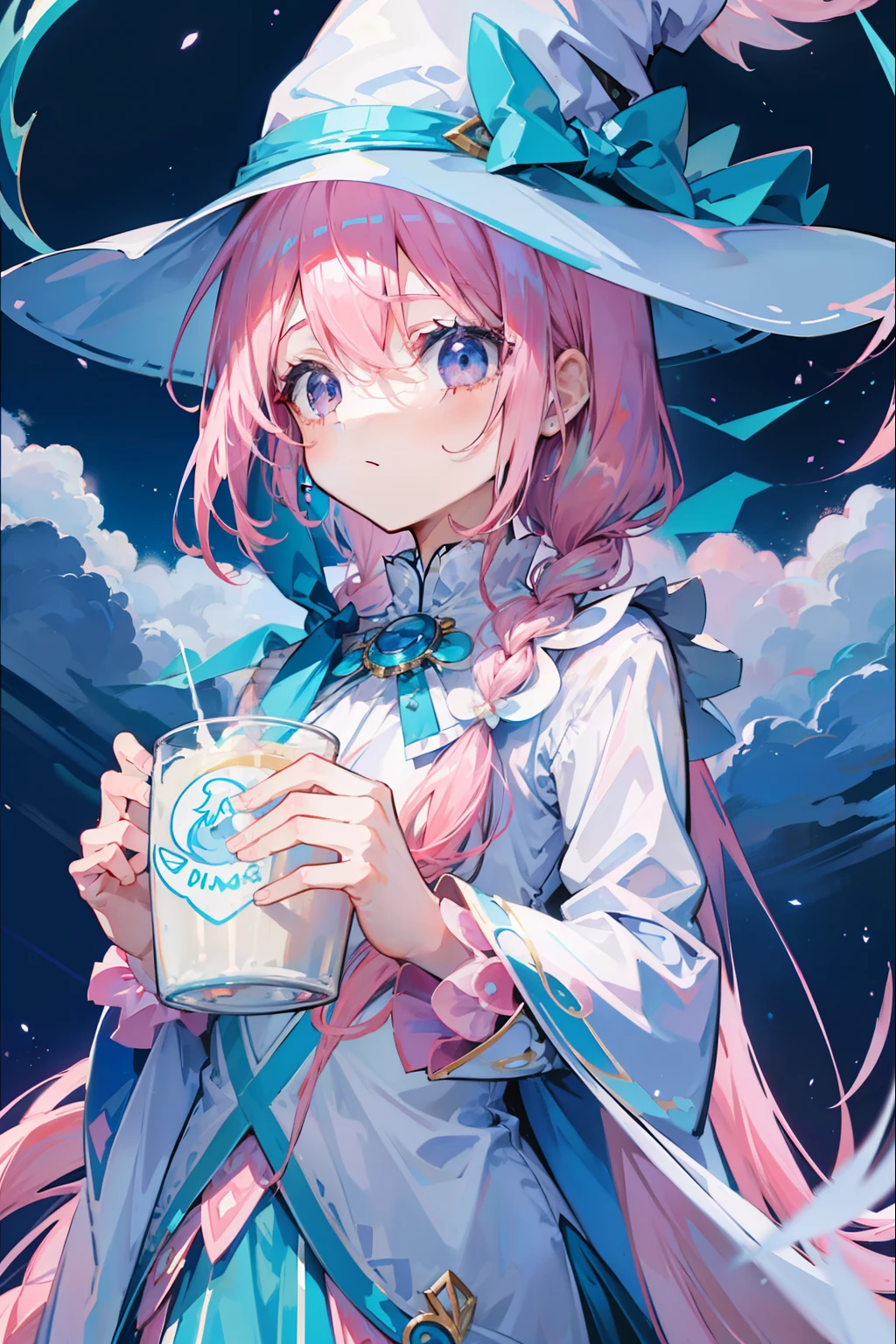 pink hair with long strands，Light sky blue magician hat，Light sky blue and light pink、White magician set，Milky whoops，Cute and cute，It's a girl with sweet milk，super adorable