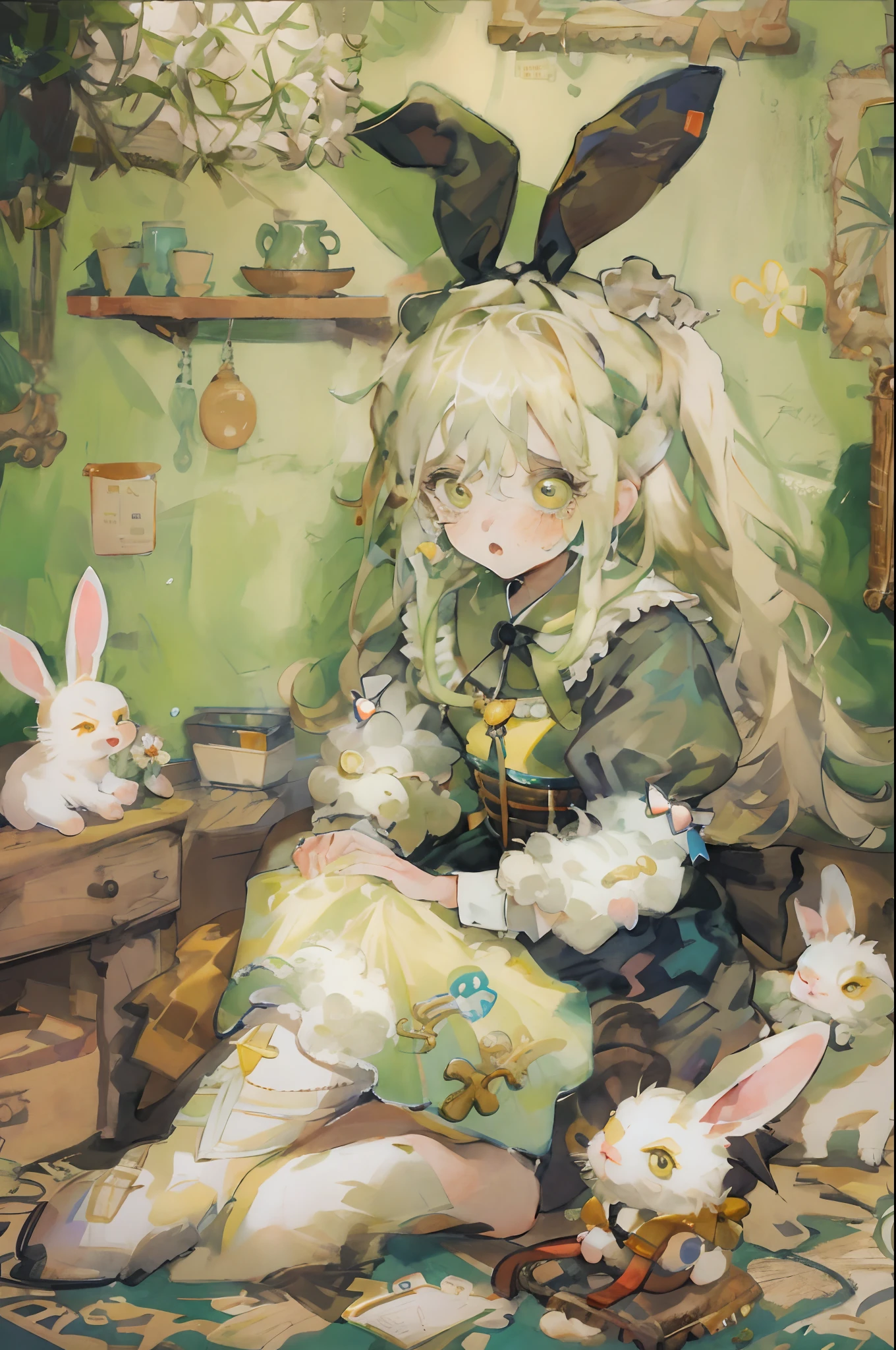 ​masterpiece, top-quality,This illustration is、Shows a girl sitting on the floor，She transforms into the image of a bunny girl，The illustration presents a very detailed cover art effect。The scene is depicted very delicately。She is dressed in a role-play costume in a maid costume，The whole gives a sense of innocence，There is a love motif in the picture，The overall picture has a jagged edge effect，Taken together，This illustration creates a naïve scene，Featuring the image of a bunny girl，And mixed with elements of Lovecraft， Embarrassing face　Embarrassed cheeks turning red　startled　Surprise,srestrained,tears,Frightened face,Cuffed, 1 girl in,独奏,softlighting，softfocus，blurry image，high lighting，Low contrast，The overall feel is like an oil painting,yellow-green hair,yellow-green eyes,Medium hair,