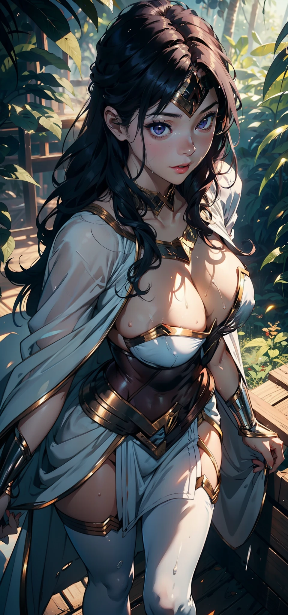 1female,25 age old,Large breasts,long leges,Big breasts Thin waist,Pornographic exposure, 独奏,(Background with:ln the forest,the rainforest,in summer) She has long purple hair,standing on your feet,Sweat profusely,drenched all over the body,seen from the front, curlies, mostly cloudy sky,(((tmasterpiece),(Very detailed CG unity 8K wallpaper),best qualtiy,cinmatic lighting,detailed back ground,beatiful detailed eyes,Bright pupils,(Very fine and beautiful),(Beautiful and detailed eye description),ultra - detailed,tmasterpiece,)),facing at camera,A high resolution,ultra - detailed),revealing breasts,Bare genitalia, Bulge,Camel toes,Raised sexy,Flushed complexion,Open-mouthed,frontage,wonder women(Wearing:White cloak,Wonder Woman uniform,Pantyhose)nakeness,high-heels