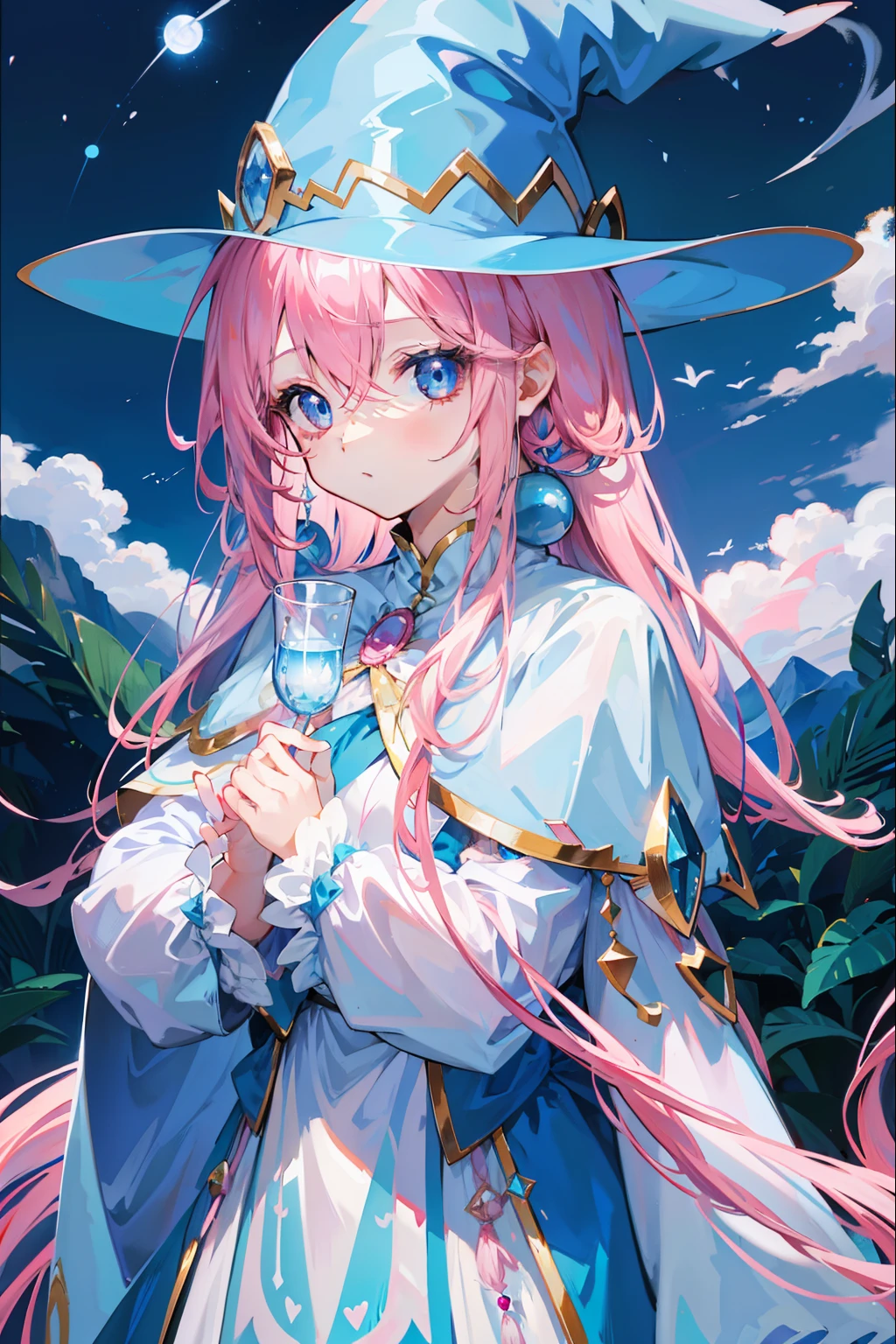 pink hair with long strands,Light sky blue magician hat,Light sky blue and light pink、White magician set,Milky whoops,Cute and cute,It's a girl with sweet milk,super adorable