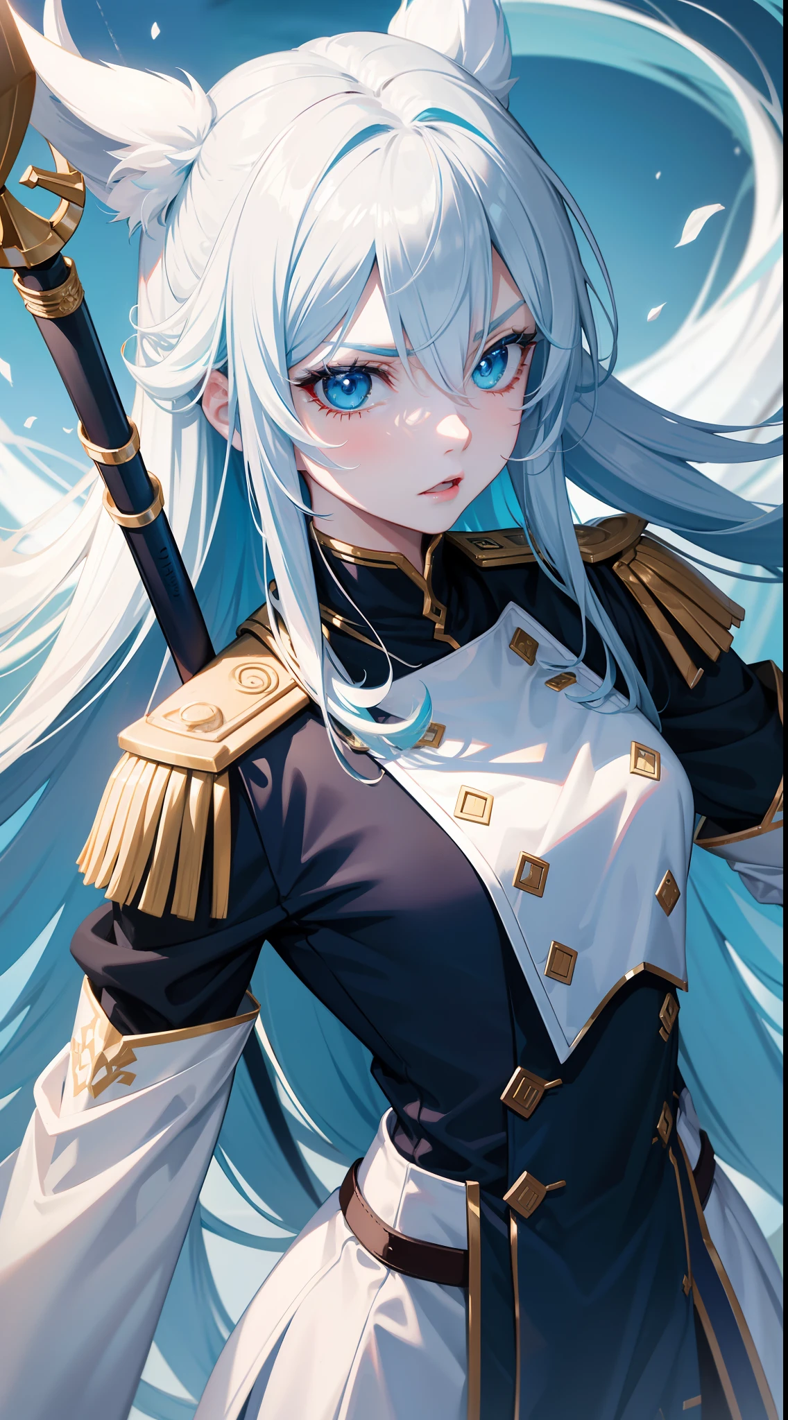 Adult woman, Long white hair, Cyan eyes, White general's uniform, spear, blue lipstick, anger, Masterpiece, hiquality