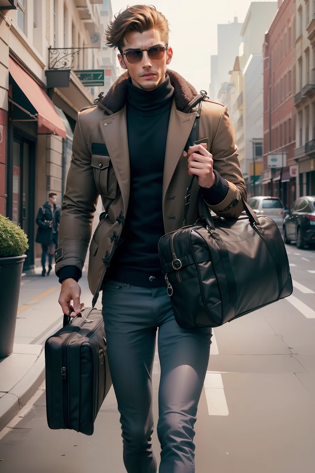 (A stylish male model confidently presenting the impeccable design and functionality of a duffle bag with close-to-reality depiction, not animated.)
