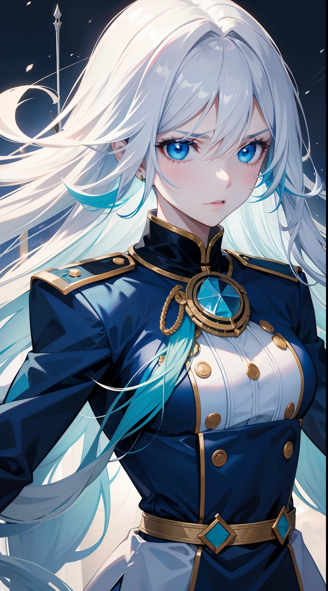 Adult woman, Long white hair, Cyan eyes, White general's uniform, spear, blue lipstick, anger, Masterpiece, hiquality