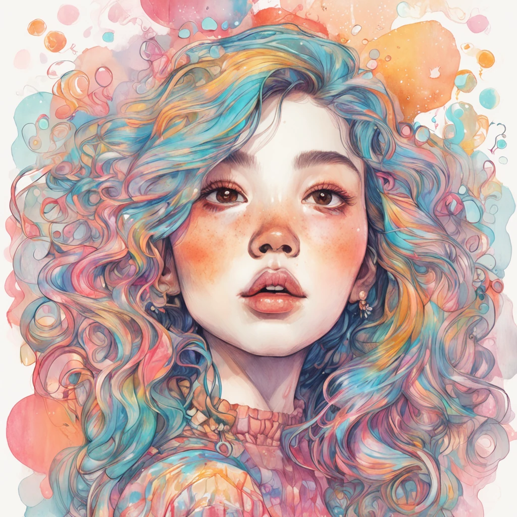 (PastelColors:1.3)、(Cute illustration:1.3)、(watercolor paiting:1.1)、 
Detailed background、1girl in、Smile with open mouth、Beautifully detailed、Moya、colourfull、marble、Particles of light、patterns、 
Detailed drawing、Vibrant colors、striking contrast、intricate detailes、Delicate depiction、Luminescent、full body Esbian、
From the side、Beautiful facial features、Brightly colored eyes、Wearing intricate and delicate ornaments、glowing aura、Radiant hair、
Illuminated by the morning light、「That summer」If you call it, you will remember and start wearing the collar every summer