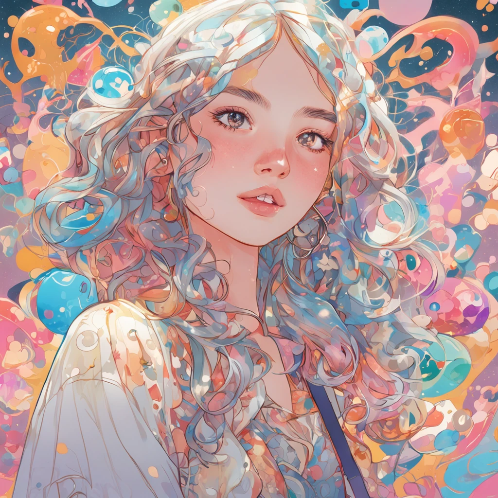(PastelColors:1.3)、(Cute illustration:1.3)、(watercolor paiting:1.1)、 
Detailed background、1girl in、Smile with open mouth、Beautifully detailed、Moya、colourfull、marble、Particles of light、patterns、 
Detailed drawing、Vibrant colors、striking contrast、intricate detailes、Delicate depiction、Luminescent、full body Esbian、
From the side、Beautiful facial features、Brightly colored eyes、Wearing intricate and delicate ornaments、glowing aura、Radiant hair、
Illuminated by the morning light、「That summer」If you call it, you will remember and start wearing the collar every summer