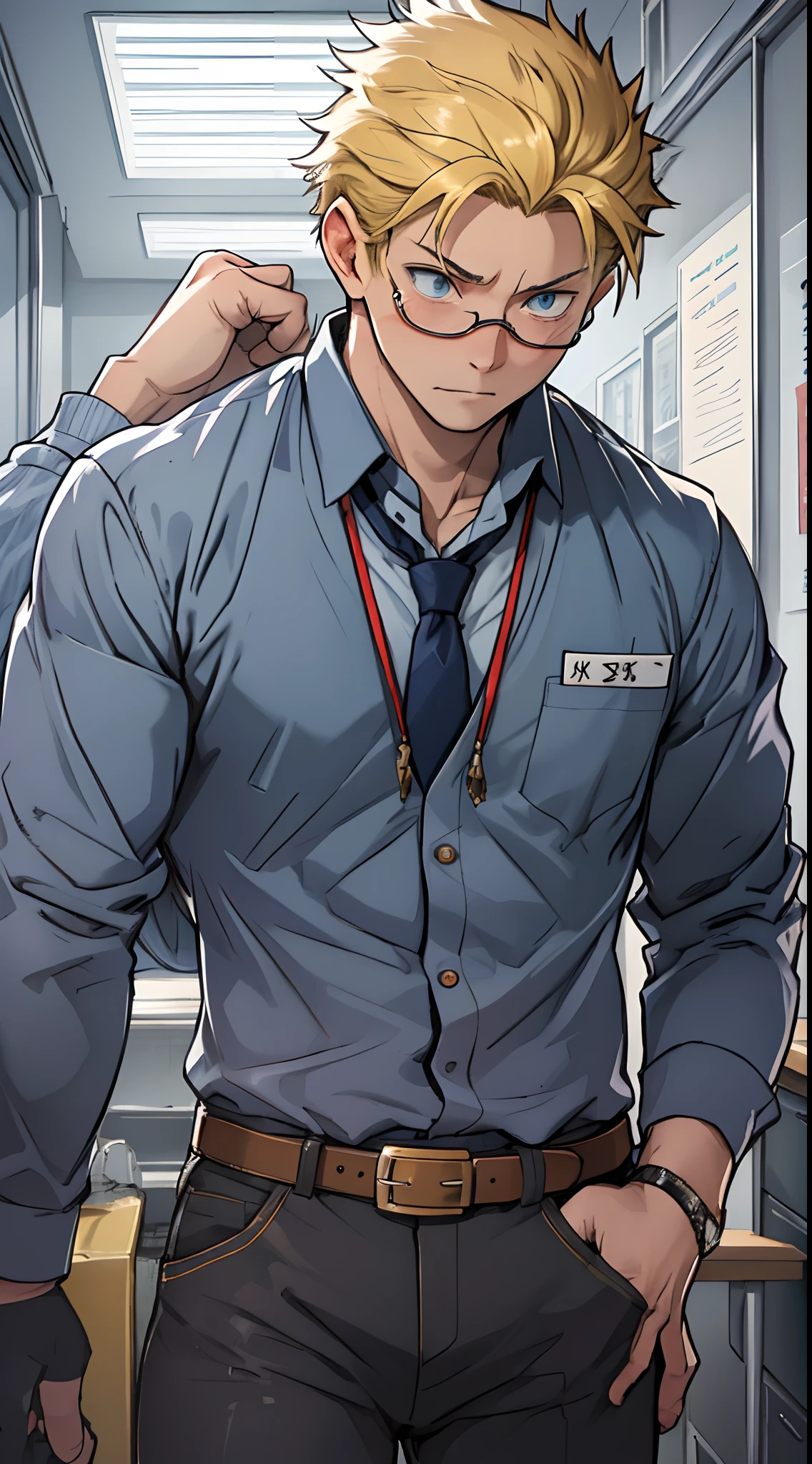 (1 Adult male),A high resolution, Sharp focus, Pixiv masterpiece, ((Complicated details)), highly detailed, natsuki_subaru, 1 man,perfect male figure, Nervously bow your head,is shy,embarressed,exhilarated,is shocked,panicking,worry,Very eager to pee,Unbearable,full bodyesbian,sat in an office,Tired,decadent, blue color eyes(eyes glowing), Short yellow hair,Yellow long-sleeved shirt,Wear a tie,Wear a belt,trousers,perspire,look from down