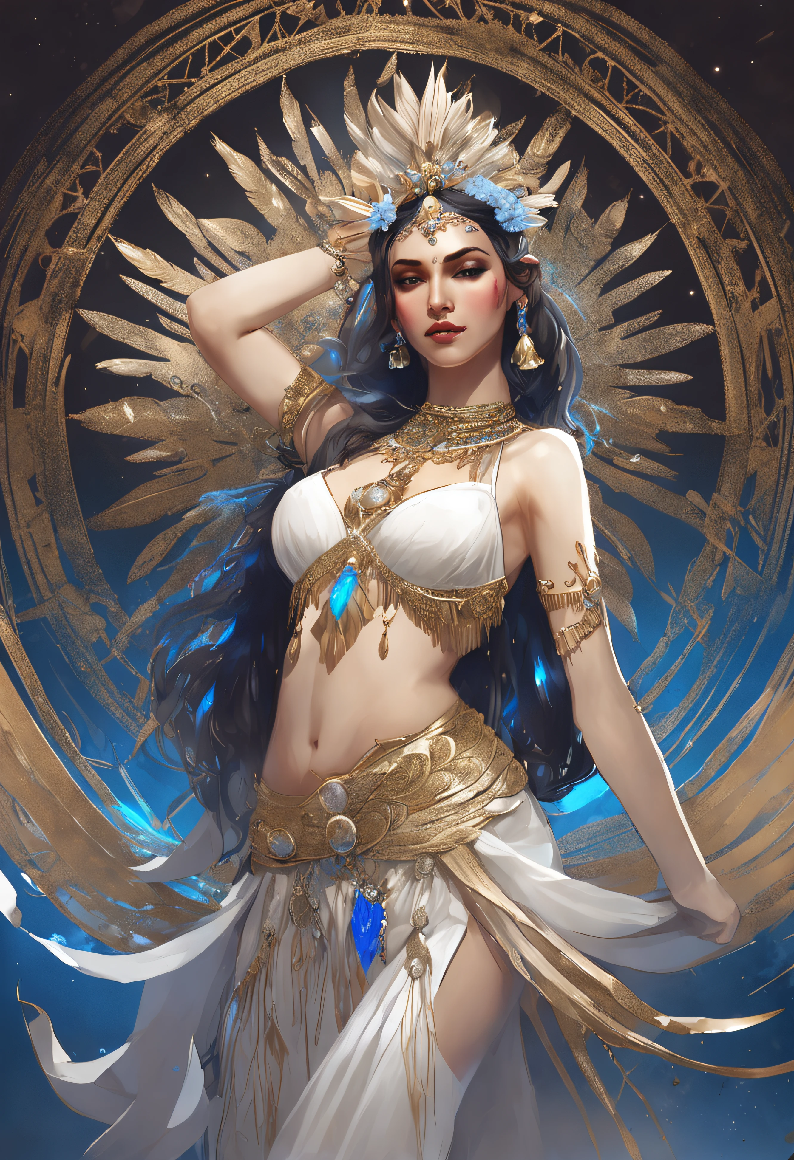 Indian goddess of lust having a bow in hand, drawing arrows of flowers, feathers in end of arrows, white and blue light/halo in a spiral form around arrows, deep cleavge visible, wearing white aprons only on sides of body so that they can hide nipples, and a wide cloth hanging below navel on a golden belt, slim body, slender thighs, divinely glowing skin, a small greek crown of peacock feathers on her head, black long hairs flowing, choker platinum silver thin necklace studded with little diamonds and a big ruby, golden armlets in arms, kinky golden cuffs in wrists, big cute eyes, fair skin, divine glow face, divine aura, an enchanted forest background, leafs flying in autumn wind, colourful flames on tip of arrow, bow of water, gold rings in fingers, mild sunlight on hairs, hairs falling till knees, beautiful face, beautiful well shaped limbs and fingers