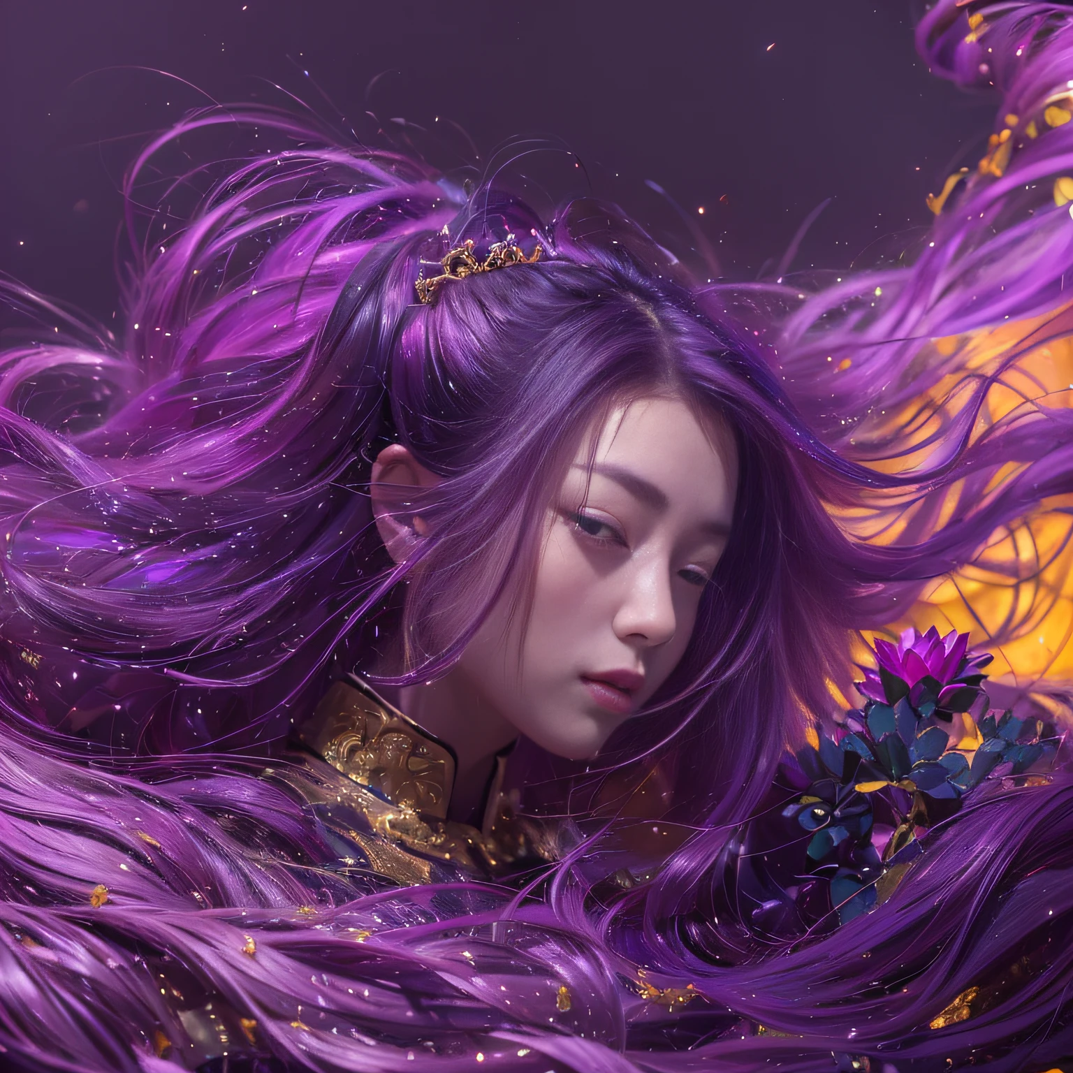 32K(tmasterpiece,k hd,hyper HD,32K)Long flowing bright purple hair,Autumn Pond,zydink, a color, Asian people (Silly girl), (Silk scarf), Combat posture, looking at the ground, long whitr hair, Floating bright purple, Fire cloud pattern gold tiara, Chinese long-sleeved gold silk garment, (abstract ink splash:1.2), white backgrounid,Lotus protector(realisticlying:1.4),Bright purple hair,Smoke on the road,The background is pure, A high resolution, the detail, RAW photogr, Sharp Re, Nikon D850 Film Stock Photo by Jefferies Lee 4 Kodak Portra 400 Camera F1.6 shots, Rich colors, ultra-realistic vivid textures, Dramatic lighting, Unreal Engine Art Station Trend, cinestir 800,Long flowing bright purple hair