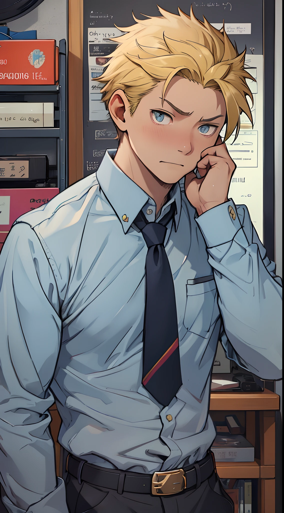 (1 Adult male),A high resolution, Sharp focus, Pixiv masterpiece, ((Complicated details)), highly detailed, natsuki_subaru, 1 man,perfect male figure, Nervously bow your head,is shy,embarressed,exhilarated,is shocked,panicking,worry,Very eager to pee,Unbearable,full bodyesbian,sat in an office,Tired,decadent, blue color eyes(eyes glowing), Short yellow hair,Yellow long-sleeved shirt,Wear a tie,Wear a belt,trousers,perspire,look from down