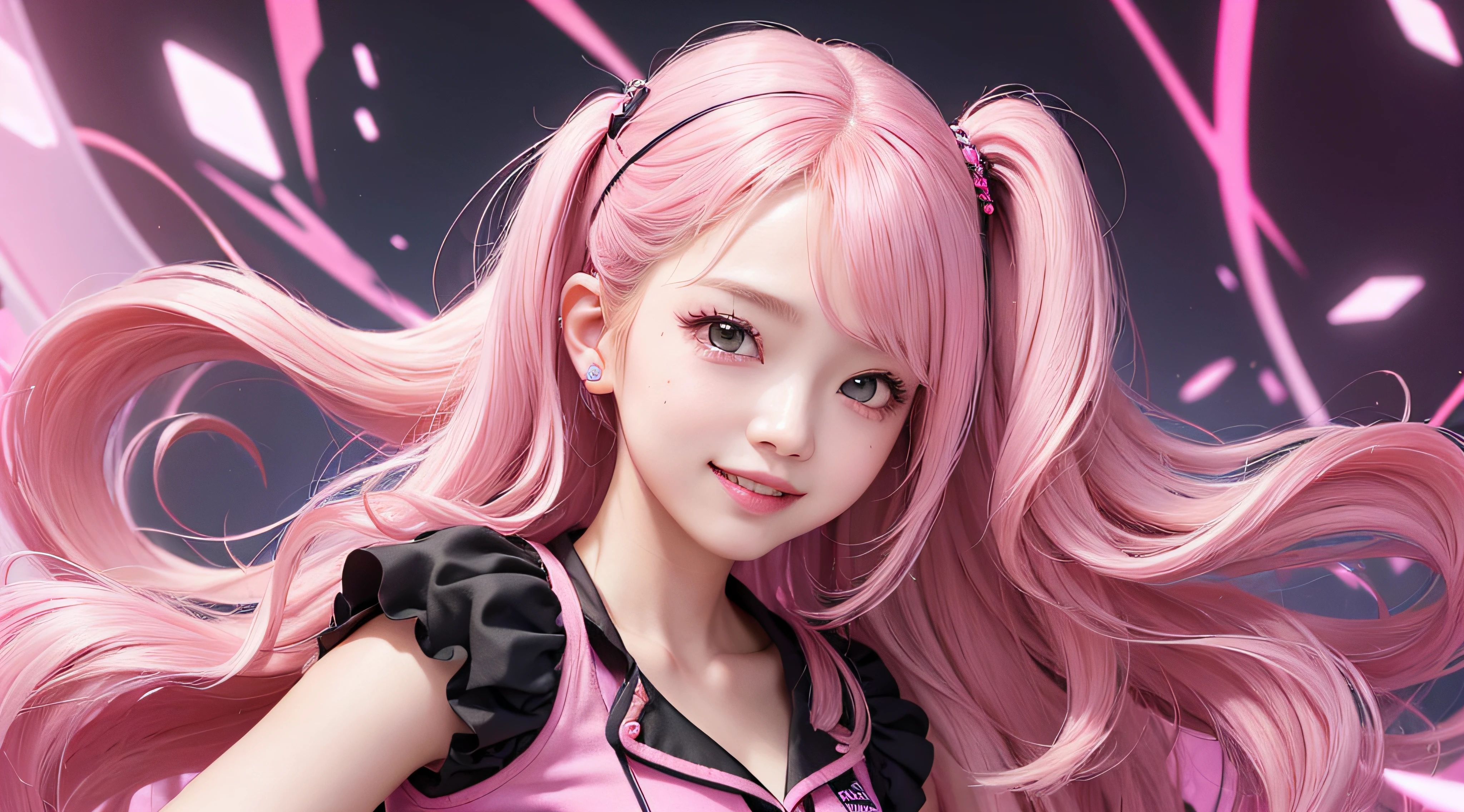 (1 solo prefect cute face busty girl),(solo),light cute smile,blackpink punk wear and pink inner pixie wavy hair,simple black and pink background,