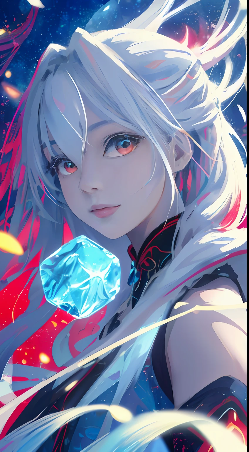 realisticlying、Masterpiece quality、best qualtiy、offcial art、Beauty and aesthetics：1.2、Very detailed fractal art、Colorful abstract background、Kizi、Kamimei、The color hair、long whitr hair、luminous red eyes、Mysterious magic、Girl of Ice and Fire，Red and blue color scheme，cinematric light