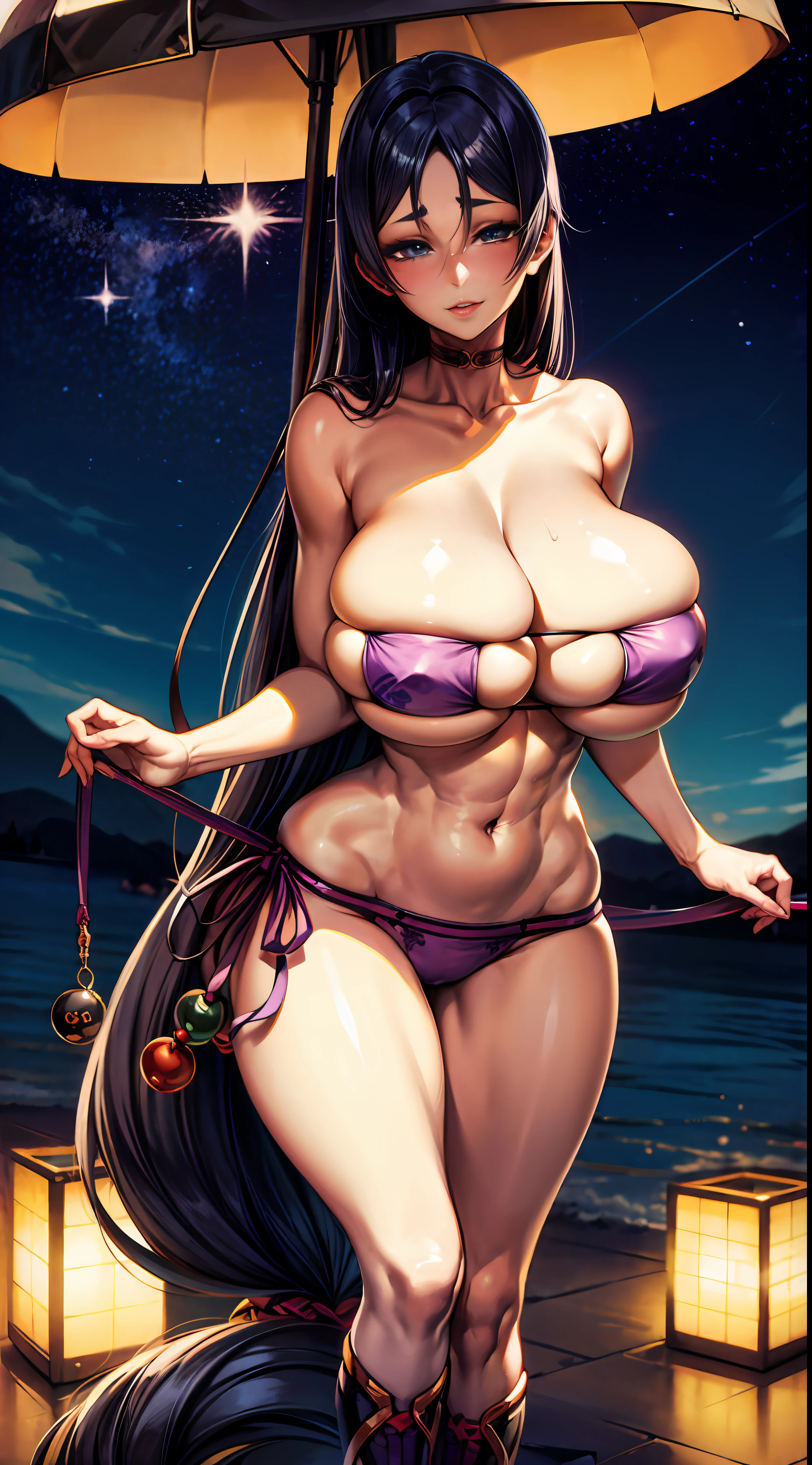 Bailando en un patio iluminado por la luna, Ella se arremolina en un vestido fluido, The embodiment of grace and elegance, bikini, (tetas masivas), clear curvy details, hermosas curvas, ojos detallados, pupila detallado, Ultra detallado, Unidad 8K Fondo de pantalla, Ultra detallado, aesthetic, Obra maestra, La mejor calidad, fotorrealista, Minamoto no Raikou, Pelo purpura, ojos purpuras, Cabello increiblemente largo
