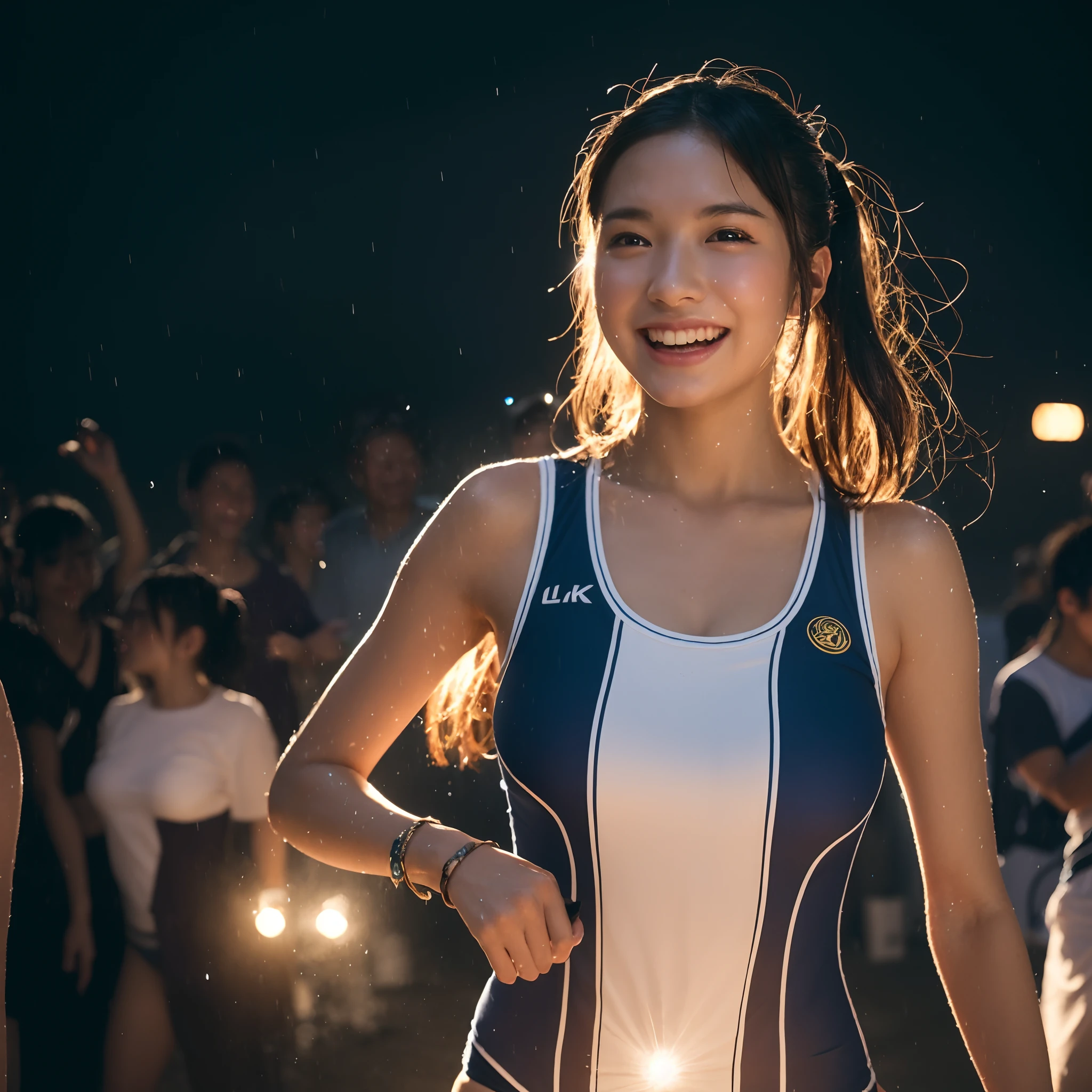(in 8K、top-quality、超A high resolution、masterpiece:1.2)、(Photorealsitic:1.4)、(detailed skins:1.3)、Beautiful Japan girl at in school swimsuit、(Detail Eye) 、School swim wear、(Outdoor Rave Festival at Night)、(Background of many fireworks)、(Sweaty skin:1.25)、long hair of bright colors、looking happy smile、LED Screen Monitor、stage lighrt、Lit up、Stage lighting、laser beam、festival、Lens flare and high resolution texture GPT-3.5、Elaborate CG、cowboy shot、physically-based renderingt、cinematlic lighting、dynamic ungle、beautiful lighting、prisma、kirakira、(foco nítido)