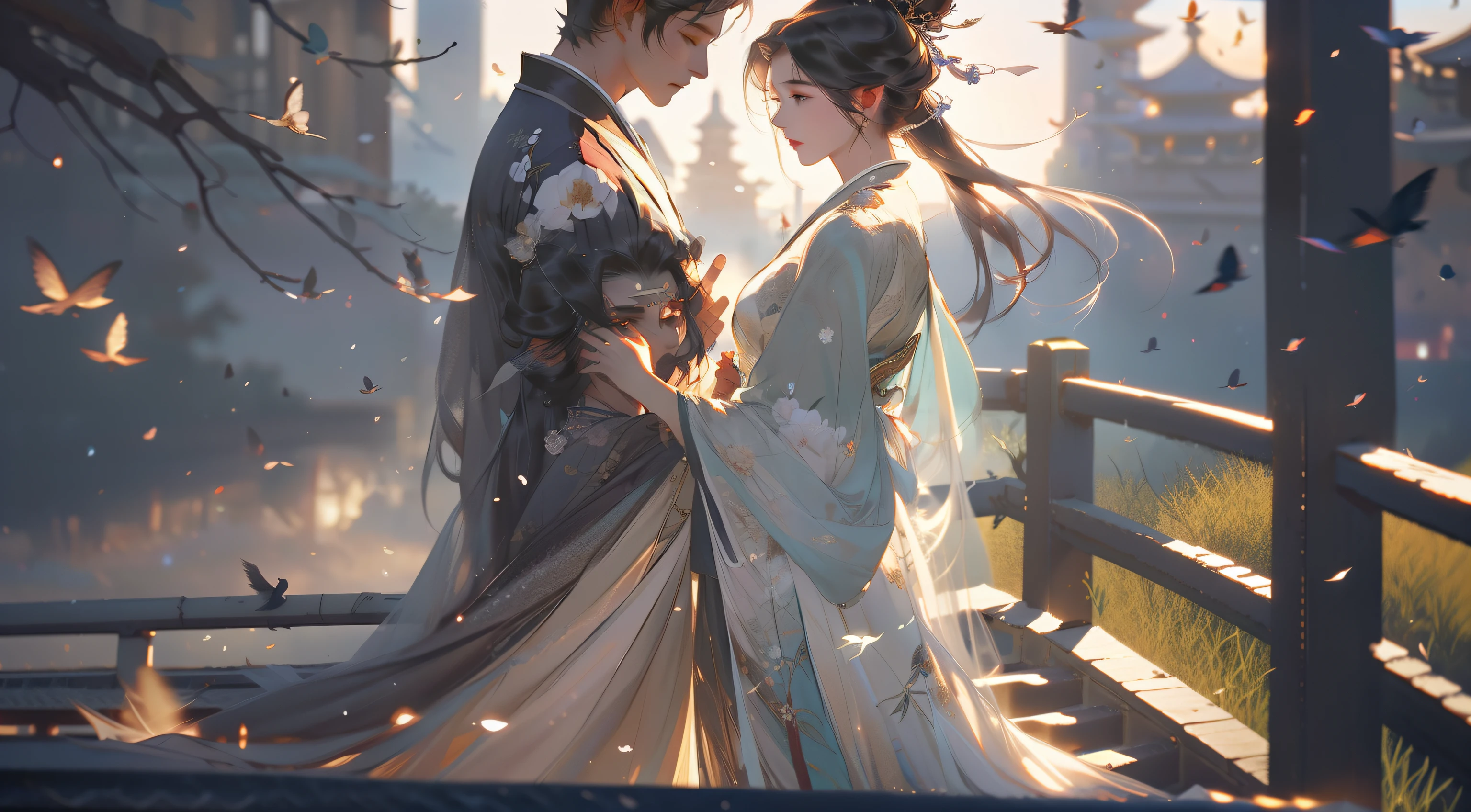 A handsome Chinese boy and girl、(full bodyesbian)、Look at each other,Gentle eyes,((Clear facial features)),wearing a hanfu,standing on a bridge,The body is surrounded by white mist,There are magpies flying around,A cow looks up from a distance,Runes surround you,Holographic reality,holographic halo,Blurred background motion,Game lighting effects,rim-light,Soft light,cinematic rim light,The light is delicate
