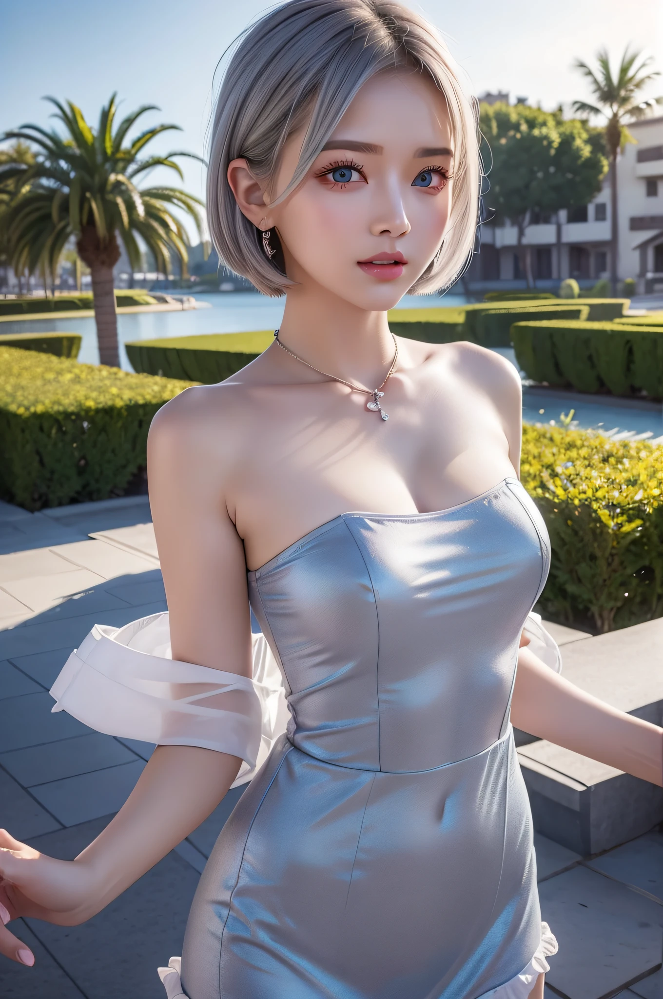 Random posture, (An extremely delicate and beautiful work), (masterpiece), 1girl, a girl in shiny transparent blue strapless dress, highly detailed, waist leaking, wavy bowl cut hair, charming expression, beautiful and clear eyes, green eye pupil, delicate necklace, delicate earrings, simple blurred background, extreme detail description, beautiful, charming, ultra-fine painting, delicate face, delicate figure, Fine collarbones, lovely lips, beautiful breasts, soft behind, mix4,(8k, RAW photo, best quality, masterpiece:1.2), (realistic, photo-realistic:1.37),1girl,cute,in the pool, professional lighting, photon mapping, radiosity, physically-based rendering,(beautiful small hard nipple:1.3),(seen nipple head on the dress:1.4),(shiny:1.5),(transparent:1.5),blonde hair,full body,