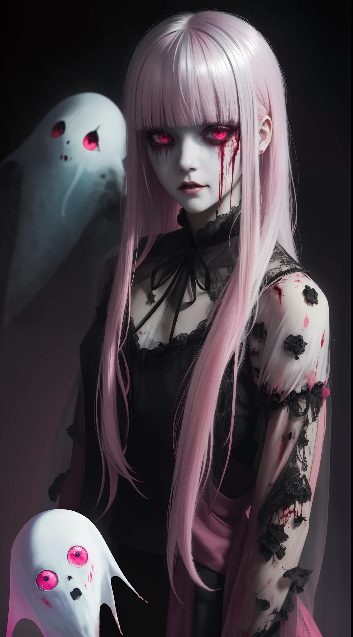 (masterpiece, best quality:1.2), cover image, splashed color background, highly detailed, colorful black, 1 girl, long silver hair, red eyes, blood on eye, head in the hand, short hair, blunt bangs, mannequin, cool face, ((( pink sexy ghost))), illustration, horror art, dread, creepy, blood, blood eyes, gore,