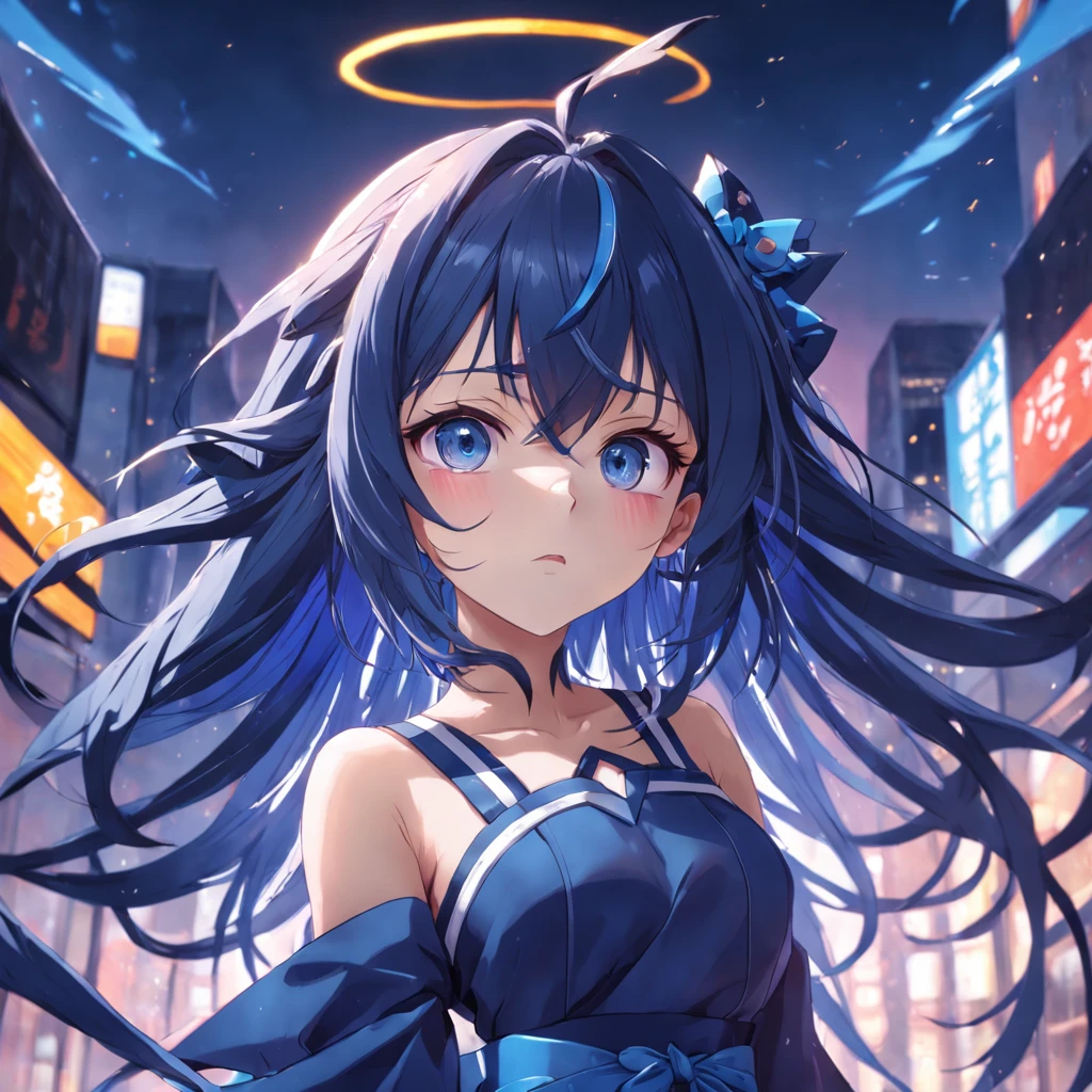 Package hip skirt, gradient hair, dark blue hair, kanzashi, gradient eyes, wince, v-shaped eyebrows, anime, cinematic lighting, first-person view, UHD, anatomically correct, textured skin, best quality, HD