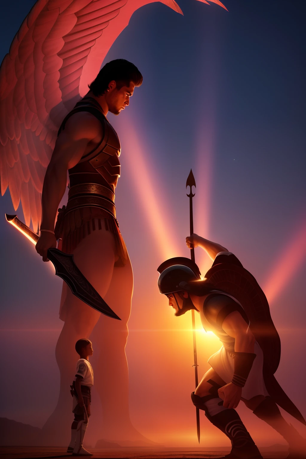 Ultra resolution 8K, Extraordinary resolution, Beautiful and impressive illustration, un adolescente de pie frente a un gigante, gigante musculoso (casco y lanza: 1.7), Guerrero, Warrior Prince, Guardian Angel (espada en la mano: 1.7), cuidando al adolescente, Quality lighting,divine lighting, celestial lighting