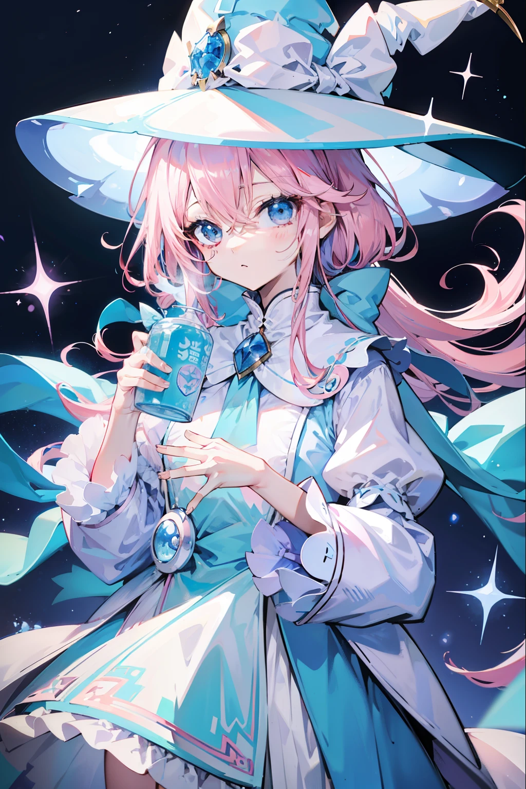 Long light pink hair,Light sky blue magician hat,Light sky blue and light pink、White magician set,Milky whine,Cute and cute,This is a girl with sweet milk,super adorable