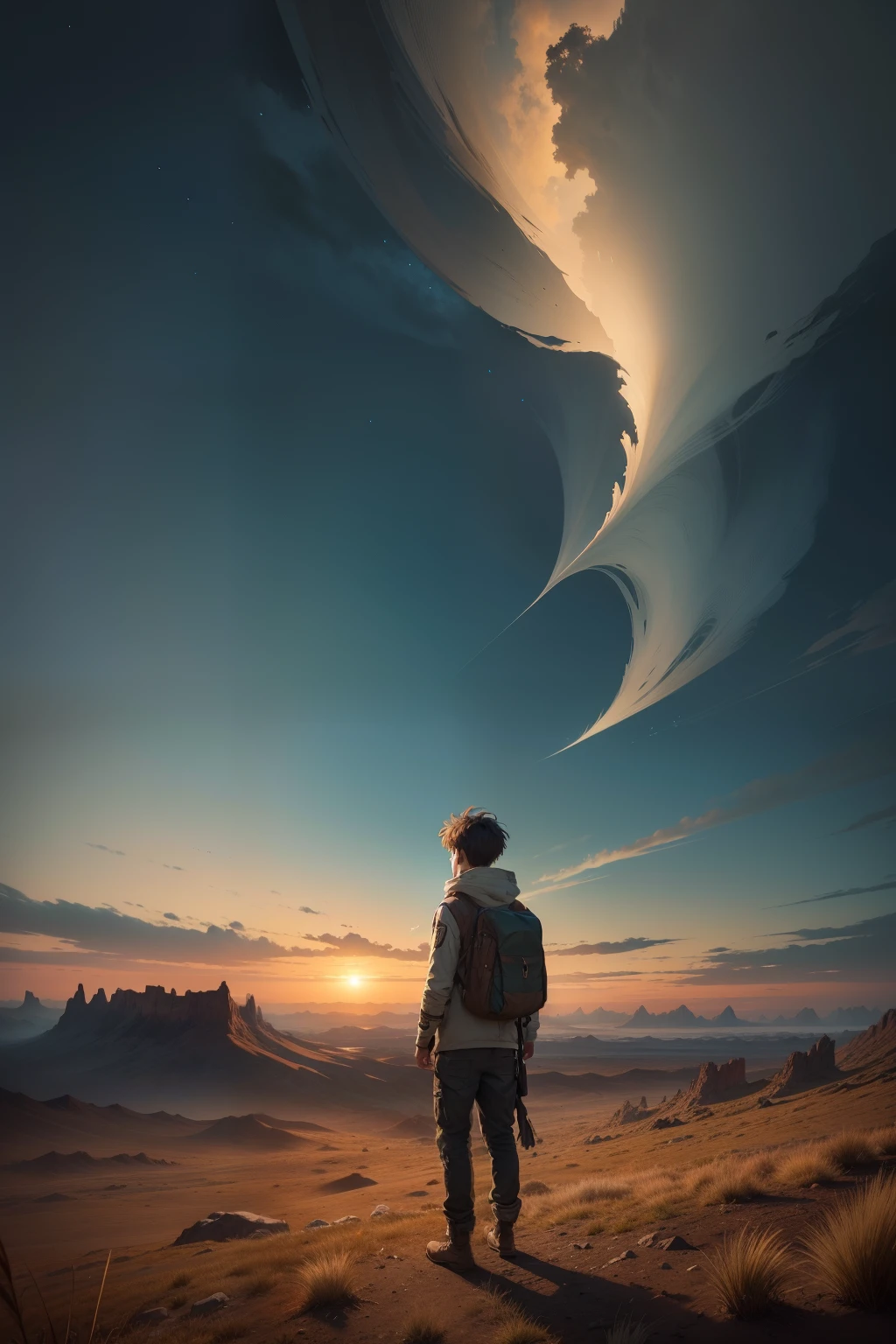 Scene Description:
In a vast and desolate expanse of wilderness, a young man stands alone, clad in tattered clothes and carrying a small bag. His face is youthful and determined, as if he is ready to face any challenges that come his way. Behind him, the landscape is barren and lifeless, with only withered grasses blowing in the breeze. In front of him lies an unknown realm, full of infinite possibilities. The whole scene is filled with the spirit of adventure and exploration, making one feel compelled to follow the young man on his journey, to explore the unknown world.