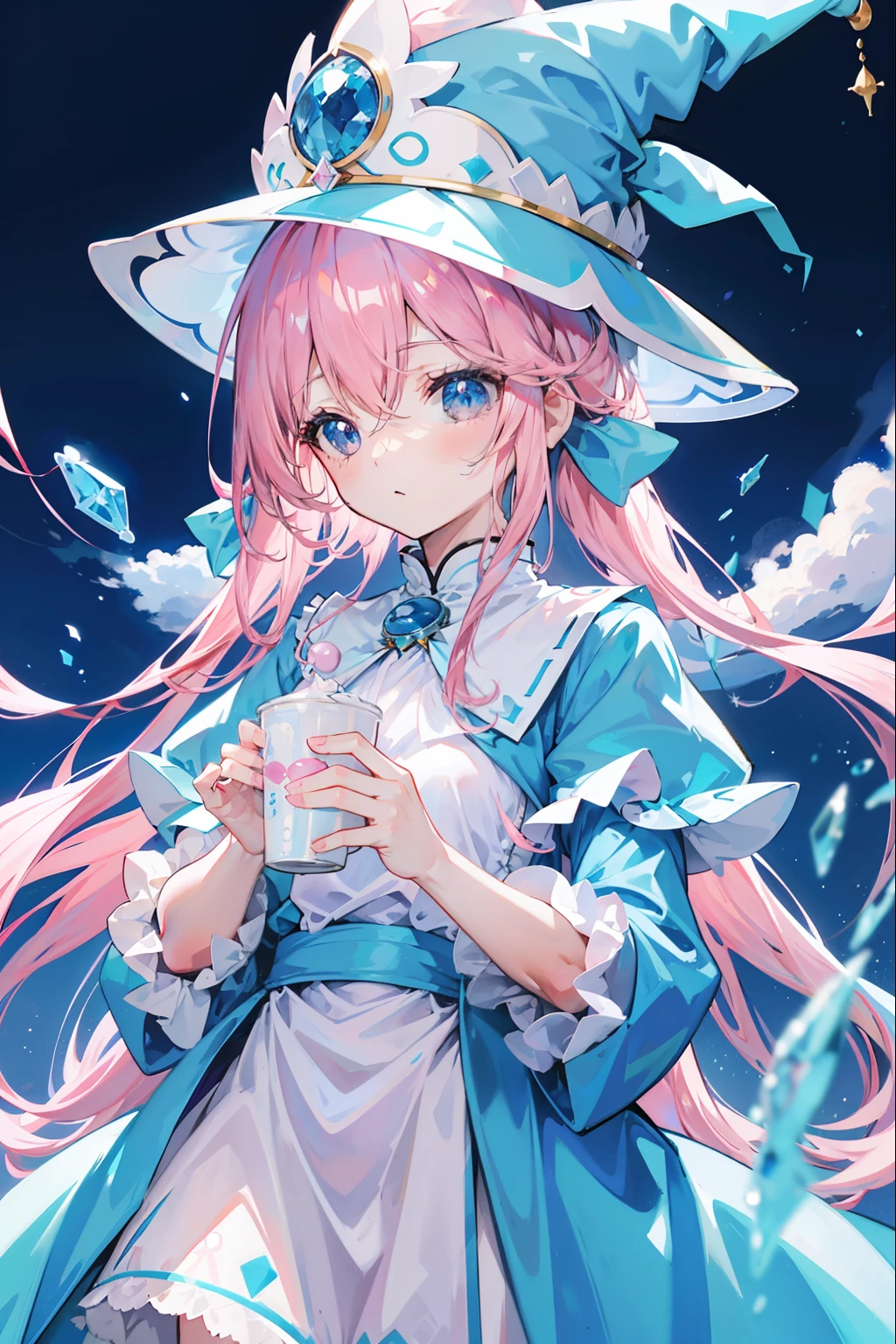 Long light pink hair，Light sky blue magician hat，Light sky blue and light pink、White magician set，Milky whine，Cute and cute，This is a girl with sweet milk，super adorable