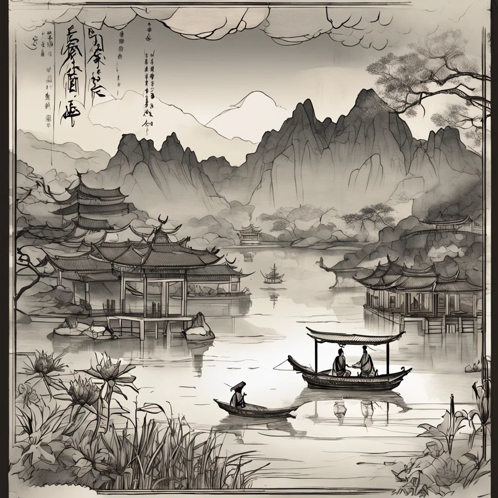 masterpiece,best quality,Chinese martial arts style,an asian night scene with lanterns and water lilies,asian pond with many lanterns and boatsa night scene with many lights and boats in the water, Lake surface, lotus flowers,beautiful night scene,(((Chinese martial arts style))), with vast sky, continuous mountains and steep cliffs, ink wash style, outline light, atmospheric atmosphere, depth of field, mist rising, bamboo, pine trees, octagonal stone pavilion, waterfall flowing water,big full moon,(No color) , Monochrome, light color,